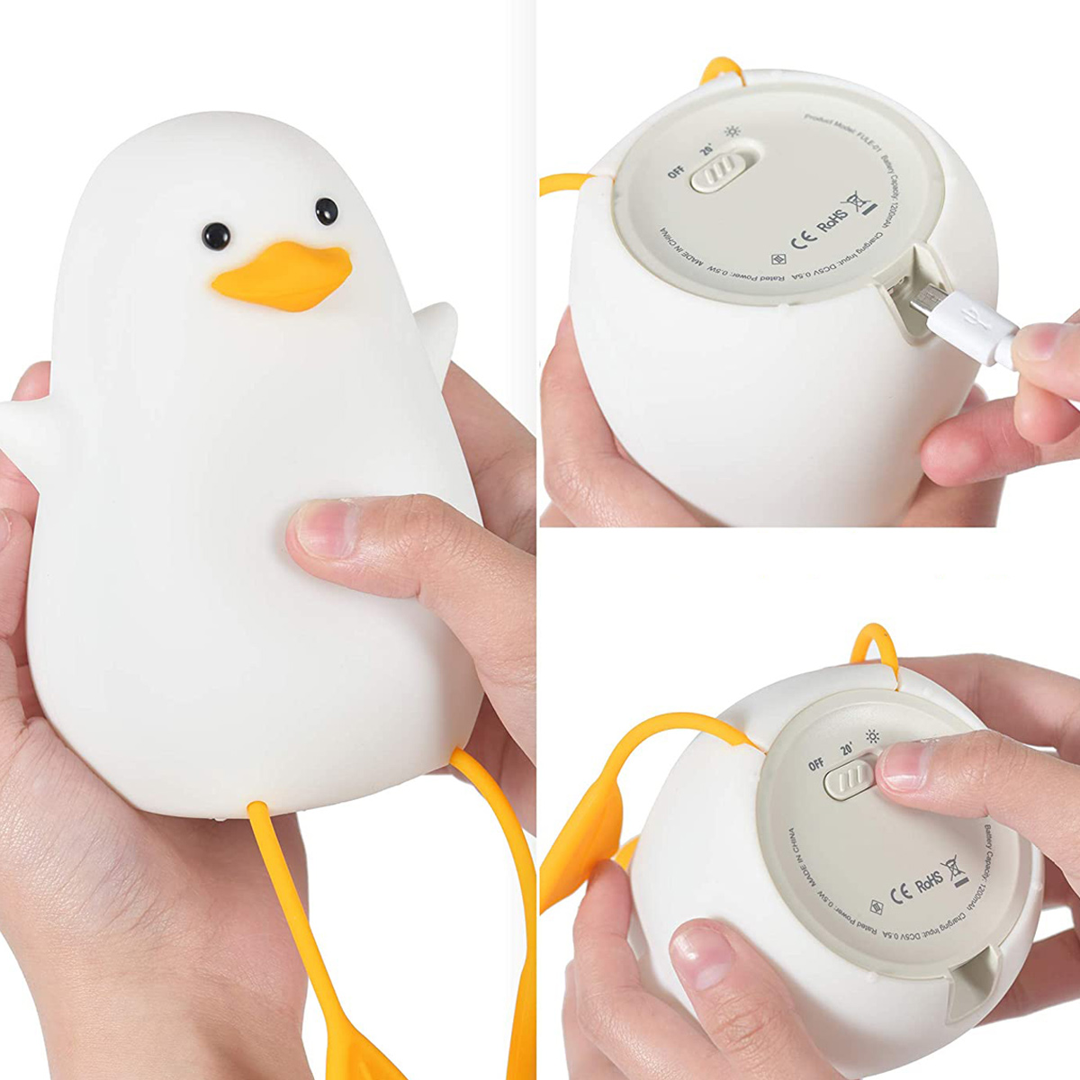 Eine weiße Entenlampe mit orangefarbenem Schnabel und Beinen wird gehalten, geladen und am Boden bedient.
