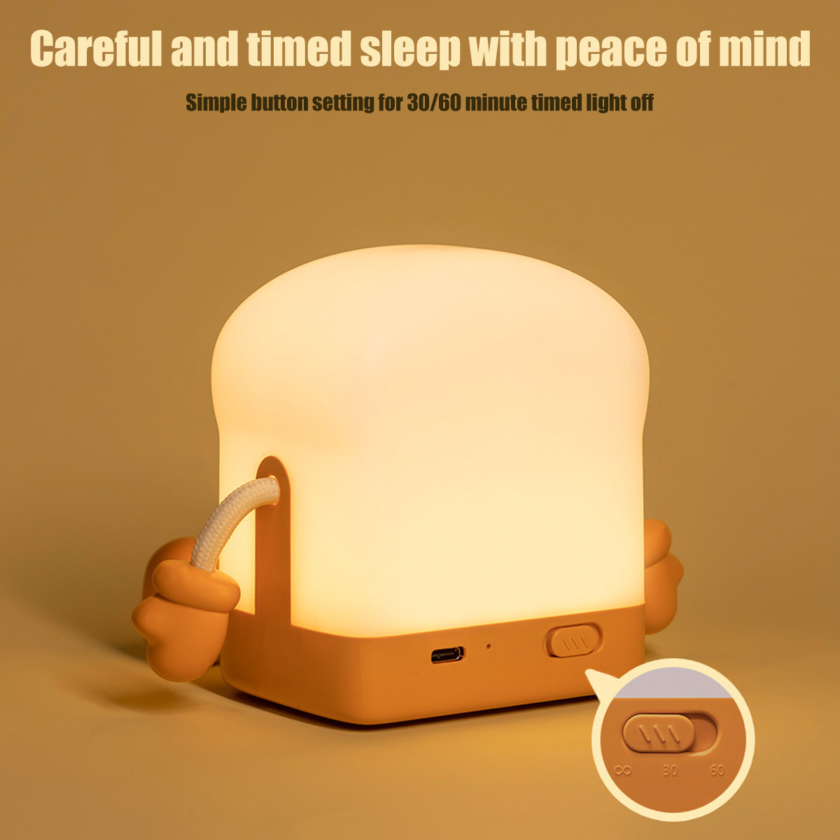 Eine toastbrotförmige, warm leuchtende Nachttischlampe mit Zeitschalter.