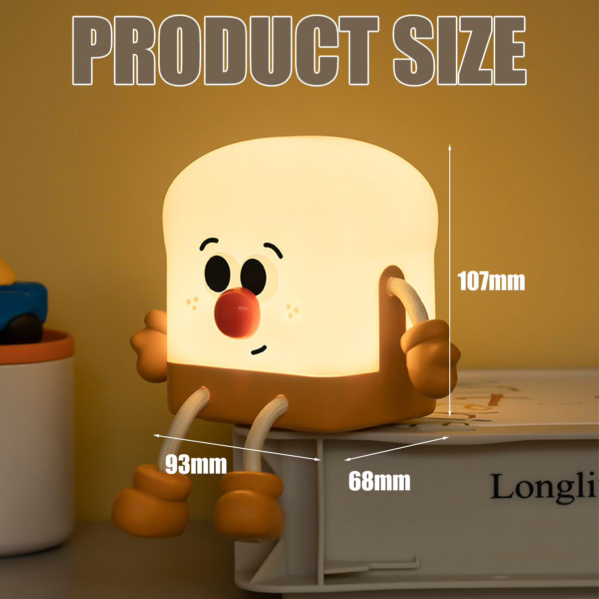 Produktgrößendiagramm einer niedlichen, leuchtenden Toastbrot-Lampe mit Armen und Beinen auf einer Kiste.
