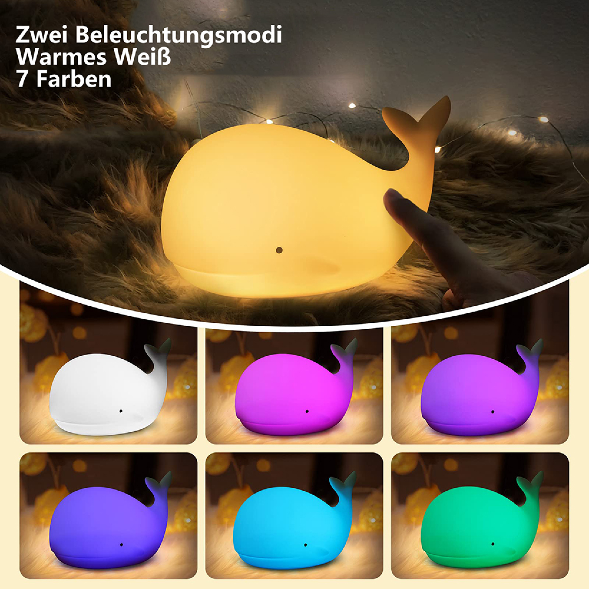 Eine Hand berührt eine gelb leuchtende, walfförmige Silikonlampe auf einem Fell. Darunter sechs verschiedene Lichtfarben.
