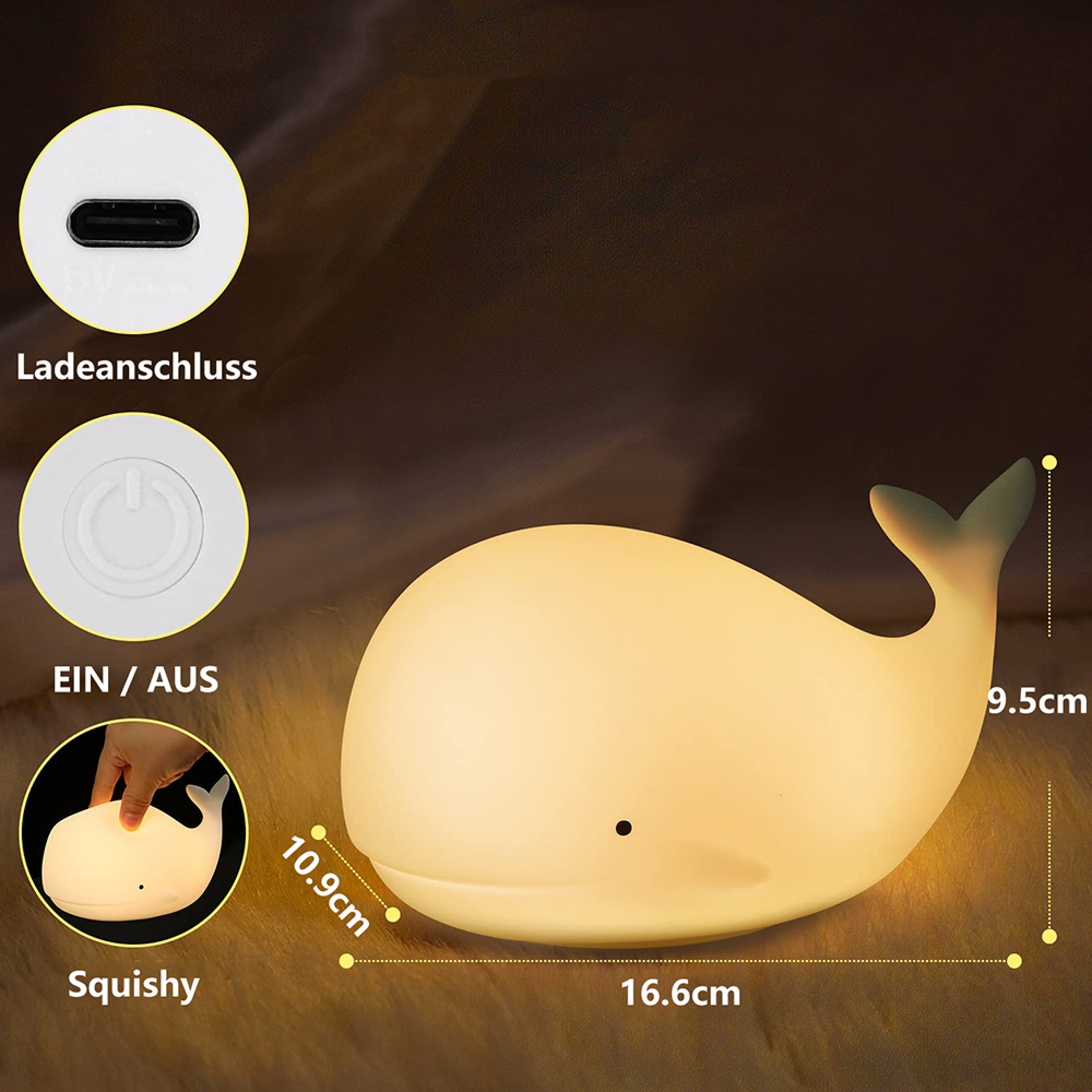 Ein leuchtendes Wal-Nachtlicht mit 16,6x10,9x9,5 cm, USB-C-Anschluss, Ein/Aus-Schalter und weichem Material.