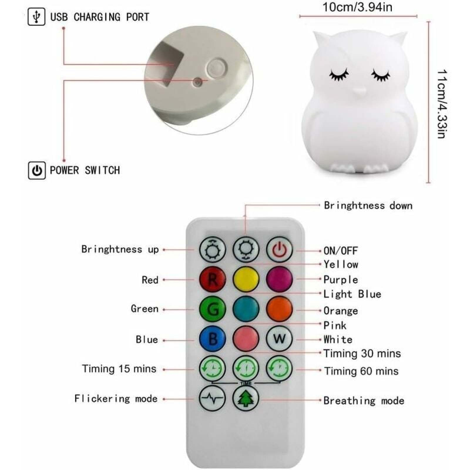 Diagramm einer Eulen-Nachtlampe mit Maßen, Ladeanschluss, Schalter und Fernbedienung.