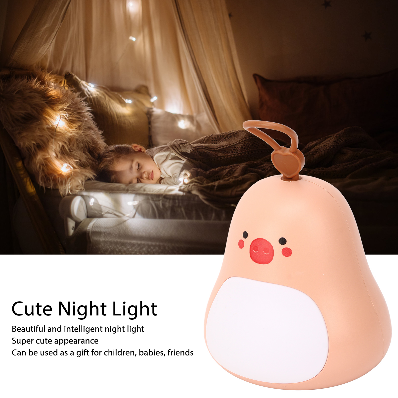 Ein niedliches, birnenförmiges Nachtlicht im Vordergrund, während ein Kind im Bett schläft.