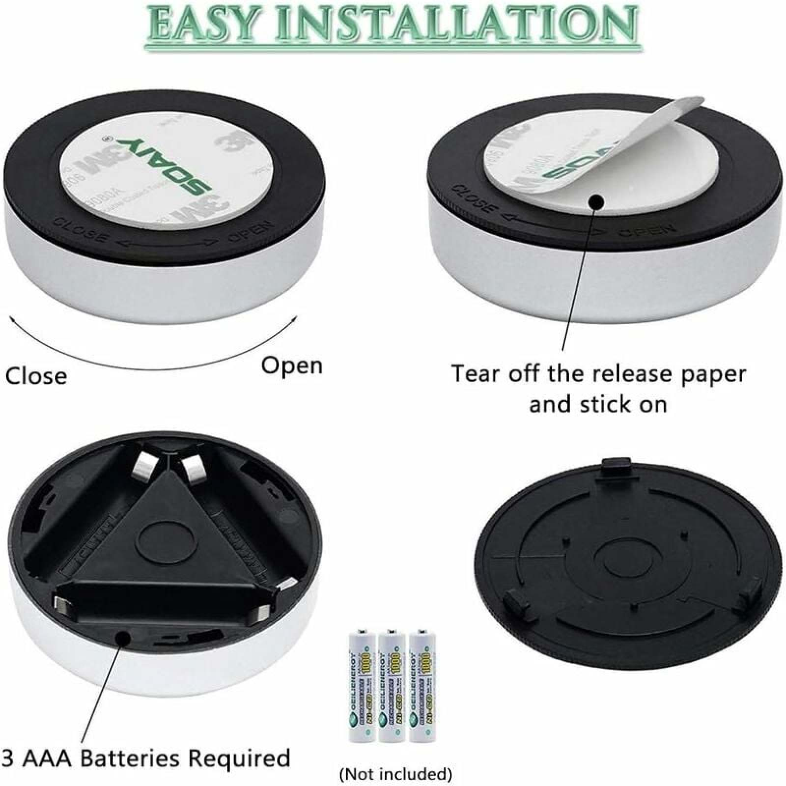 Anleitung zur einfachen Installation eines runden Geräts mit Klebeband und drei AAA-Batterien.