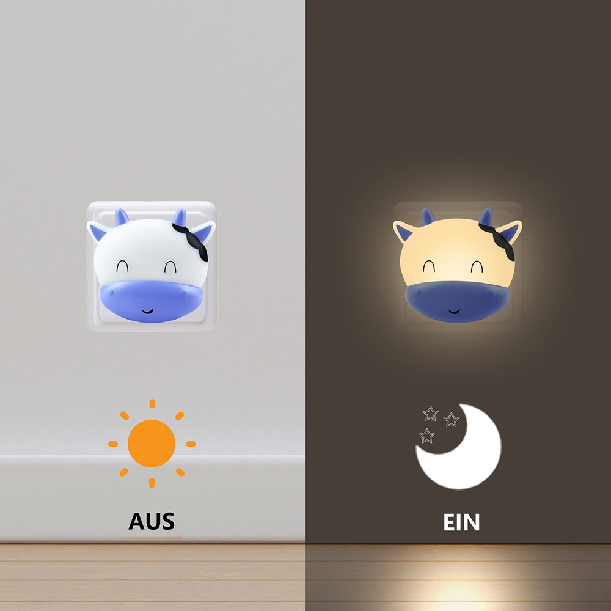 Kuh-Nachtlicht an einer Wand: links ausgeschaltet mit Sonnensymbol, rechts eingeschaltet mit Mondsymbol.