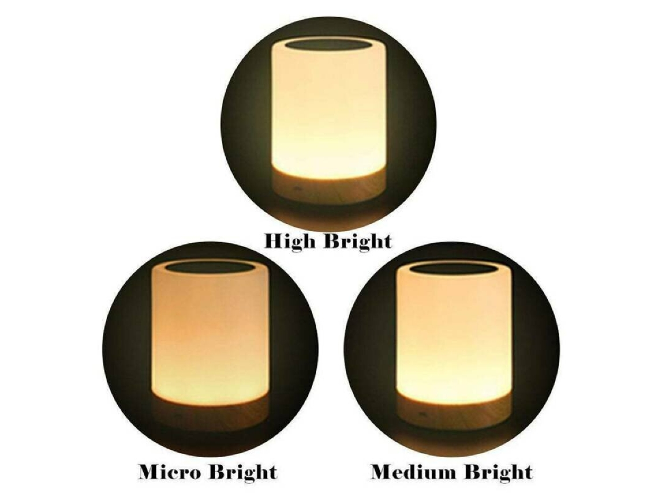 Drei kreisförmige Bilder zeigen eine Nachttischlampe mit drei Helligkeitsstufen: Hoch, Mittel und Mikro.