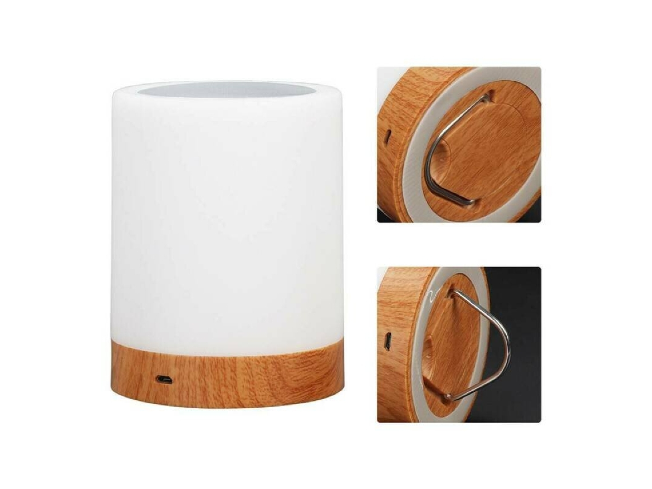Zylindrische weiße Lampe mit Holzbasis und ausklappbarem Metallbügel.