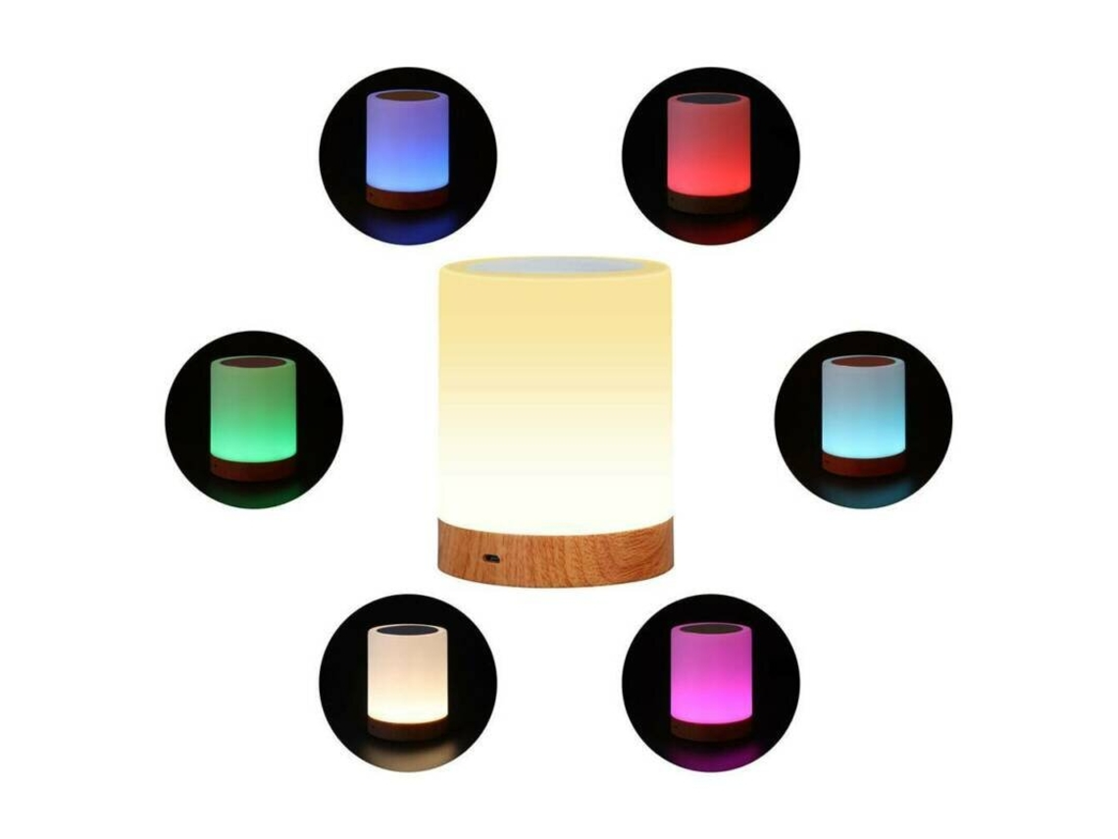 Eine zylindrische LED-Lampe mit Holzsockel, umgeben von sechs kleineren kreisförmigen Bildern, die verschiedene Lichtfarben zeigen.