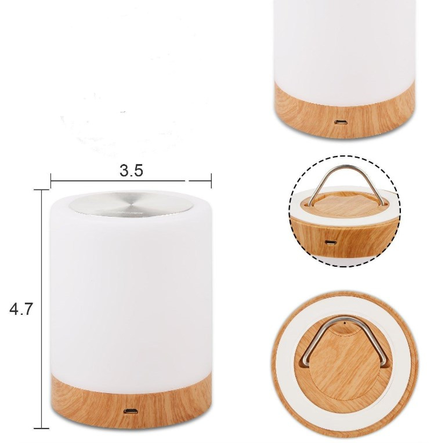 Technische Zeichnung und Produktbilder einer zylindrischen LED-Lampe mit Holzsockel und Metallgriff.