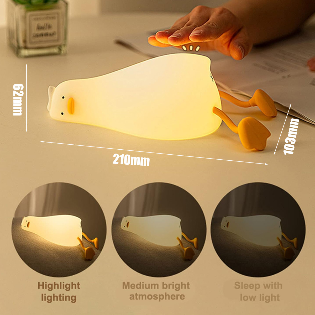 Eine niedliche Enten-Nachtlampe mit Maßen und drei Helligkeitsstufen.