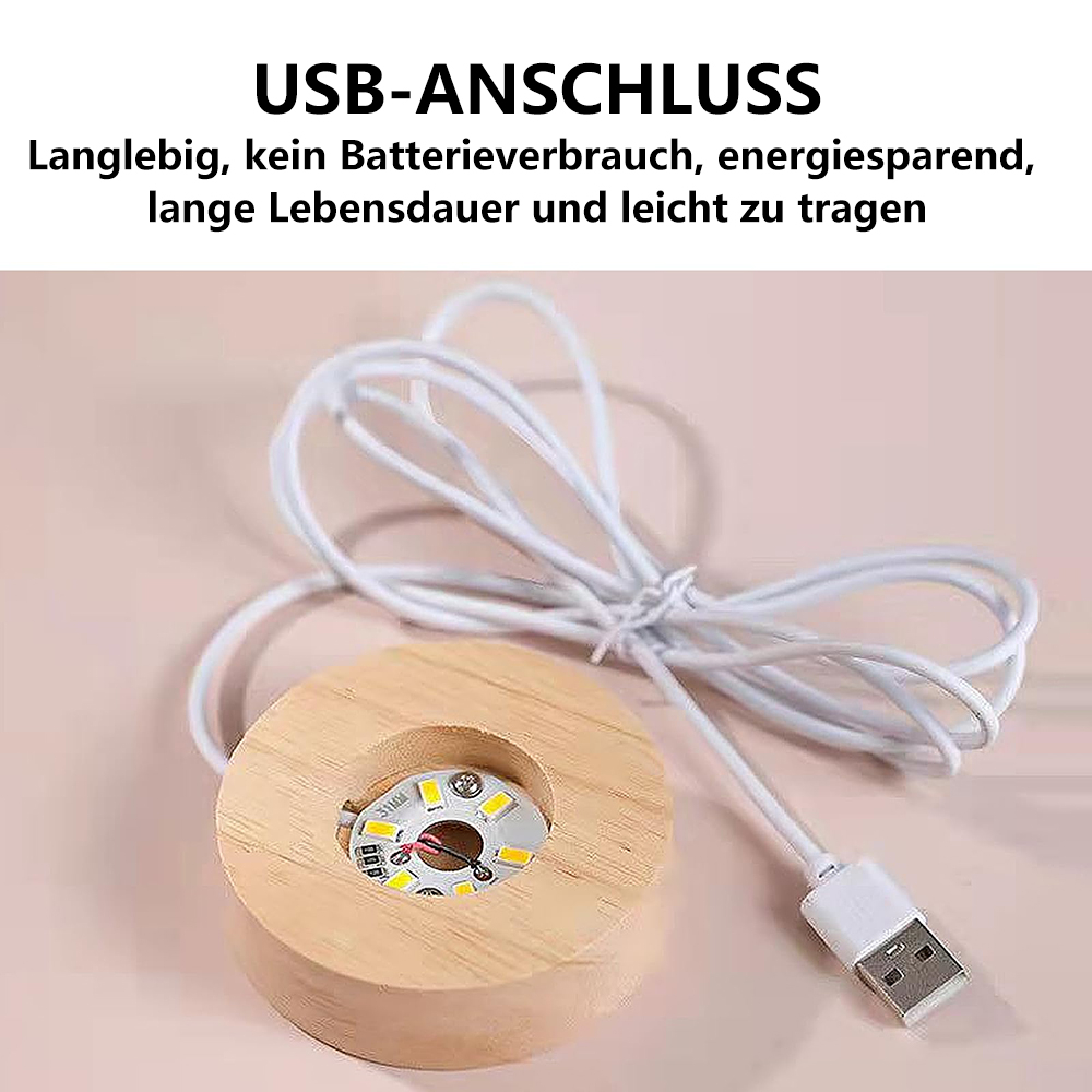 Runder Holzsockel mit LED-Licht und einem weißen USB-Kabel.