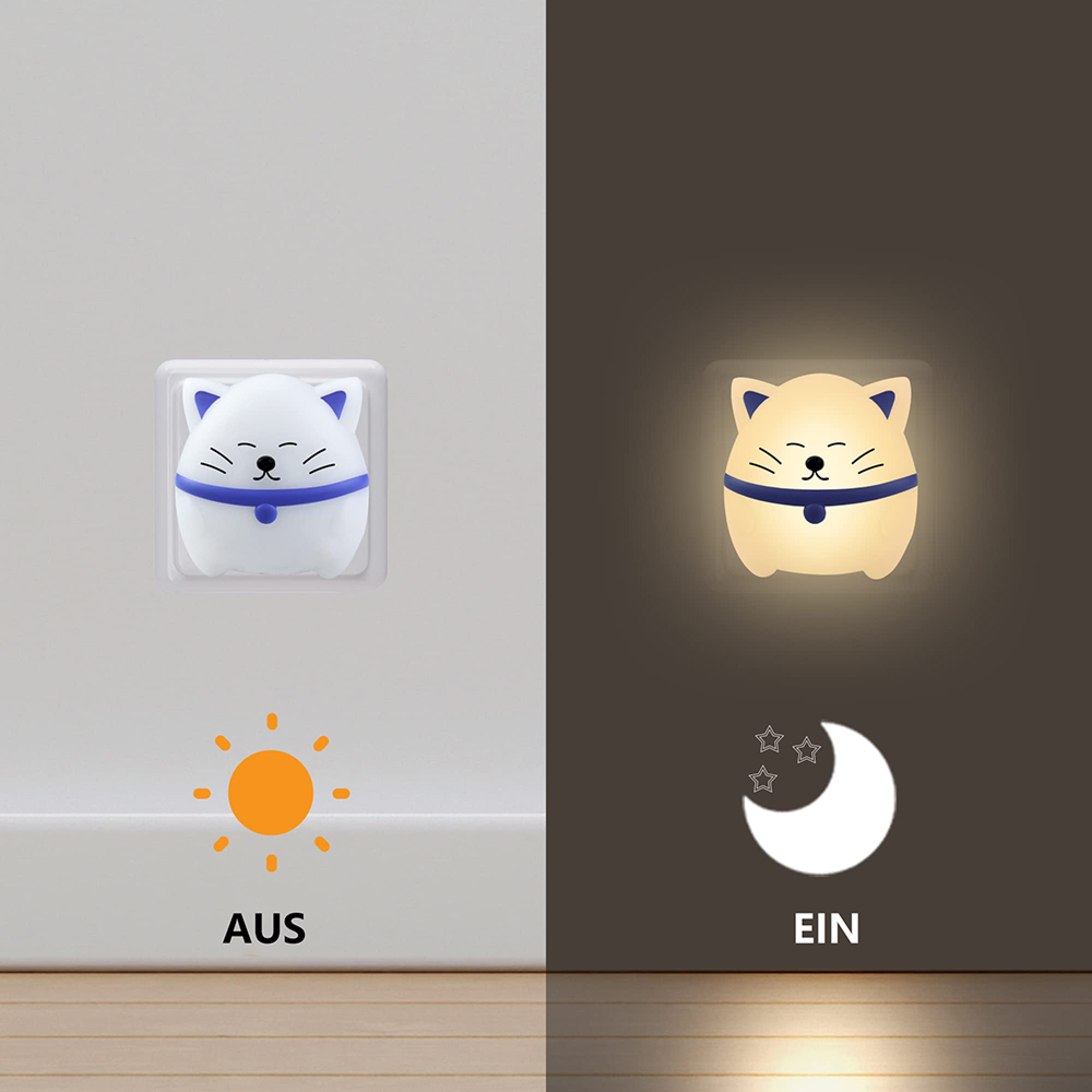 Katzenförmiges Nachtlicht an Wand: links ausgeschaltet am Tag, rechts eingeschaltet bei Nacht.