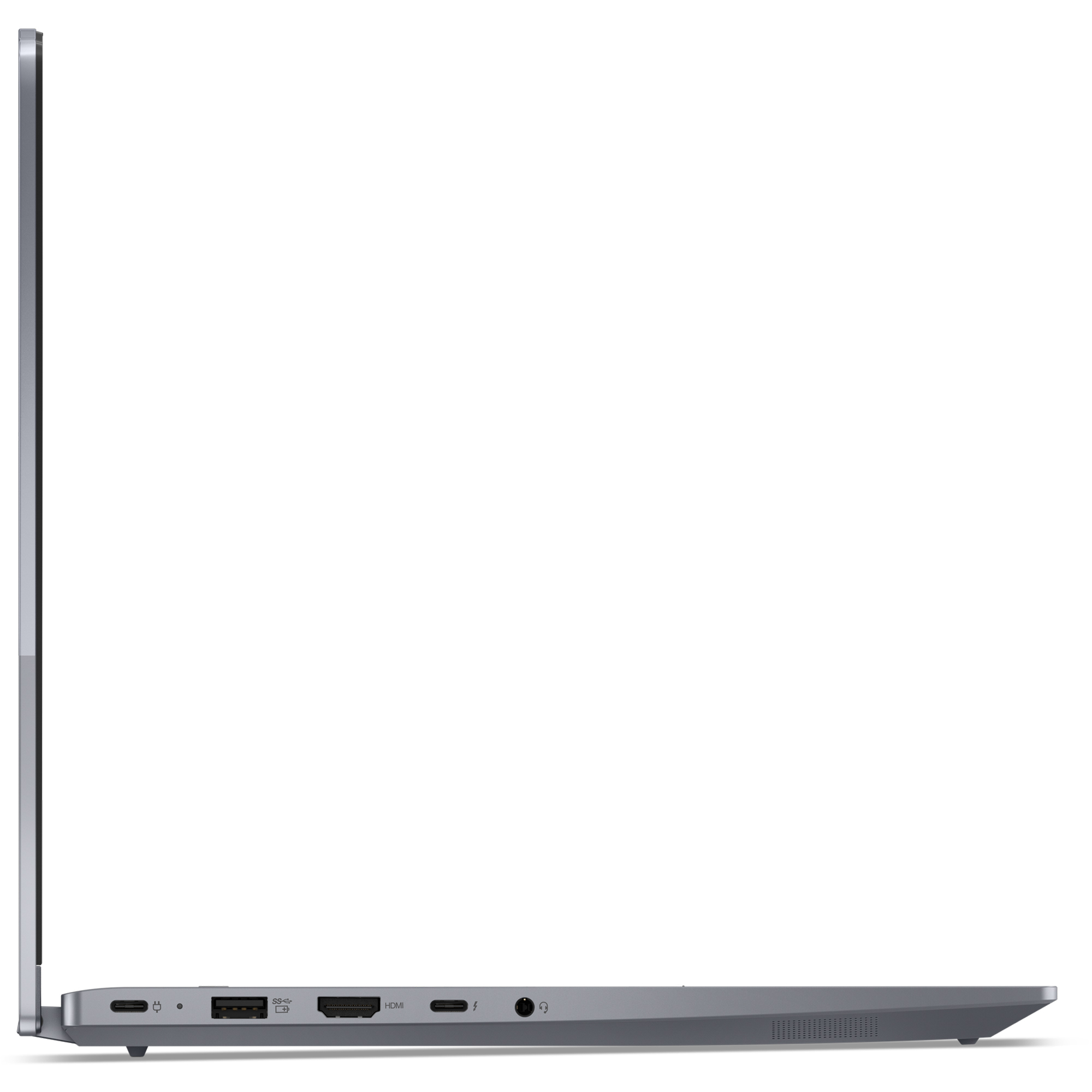 USB-C, USB, HDMI ve ses bağlantı noktalarını gösteren gri bir dizüstü bilgisayarın sol profili.