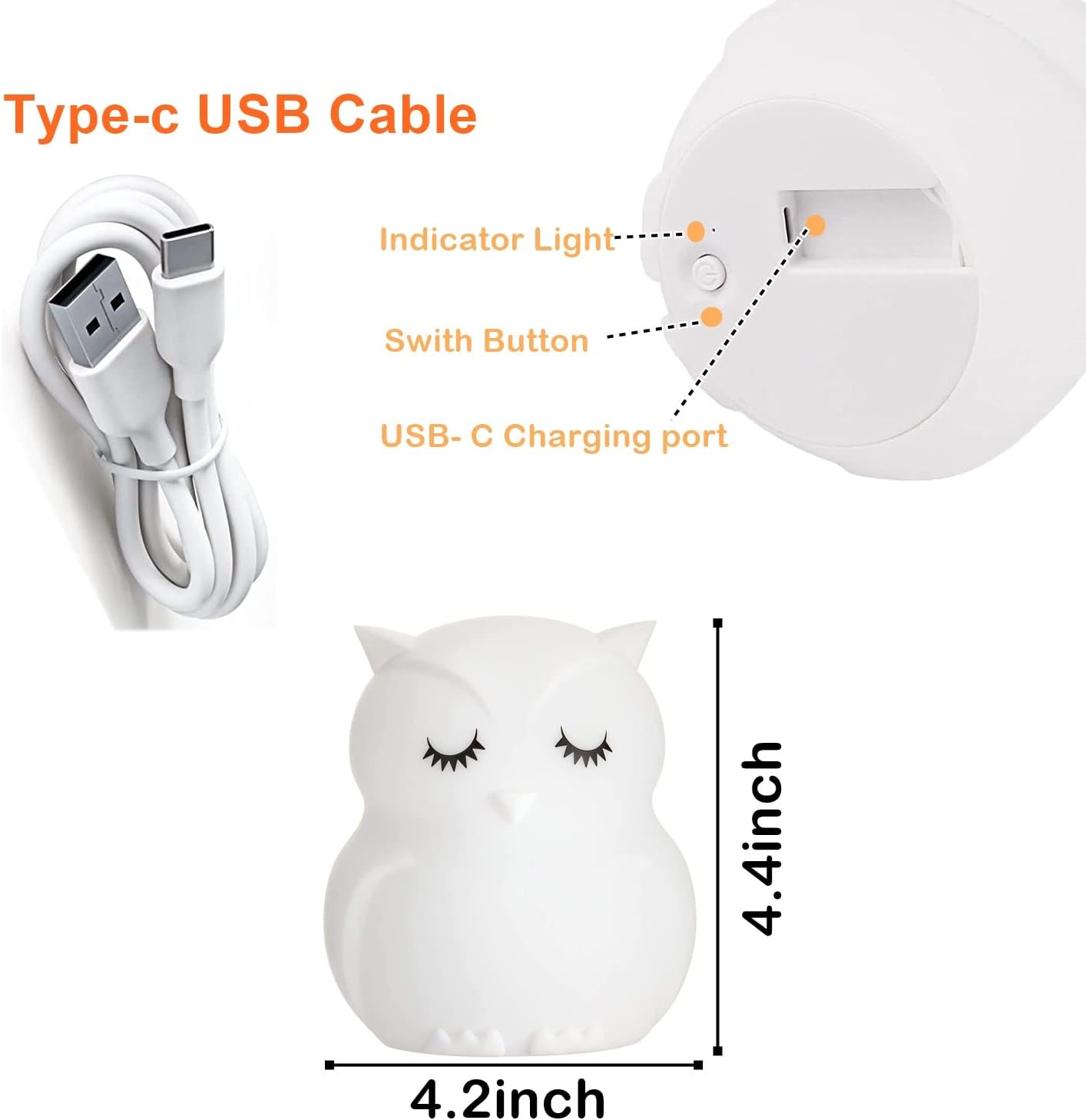 Weißes Eulen-Nachtlicht mit Typ-C-USB-Kabel, Kontrollleuchte, Schalter und Abmessungen von 4,2x4,4 Zoll.