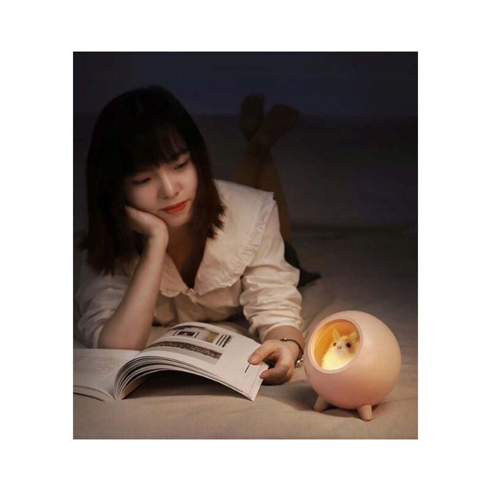 Eine junge Frau liegt auf dem Bett und liest ein Buch neben einer leuchtenden, runden, rosa Lampe.