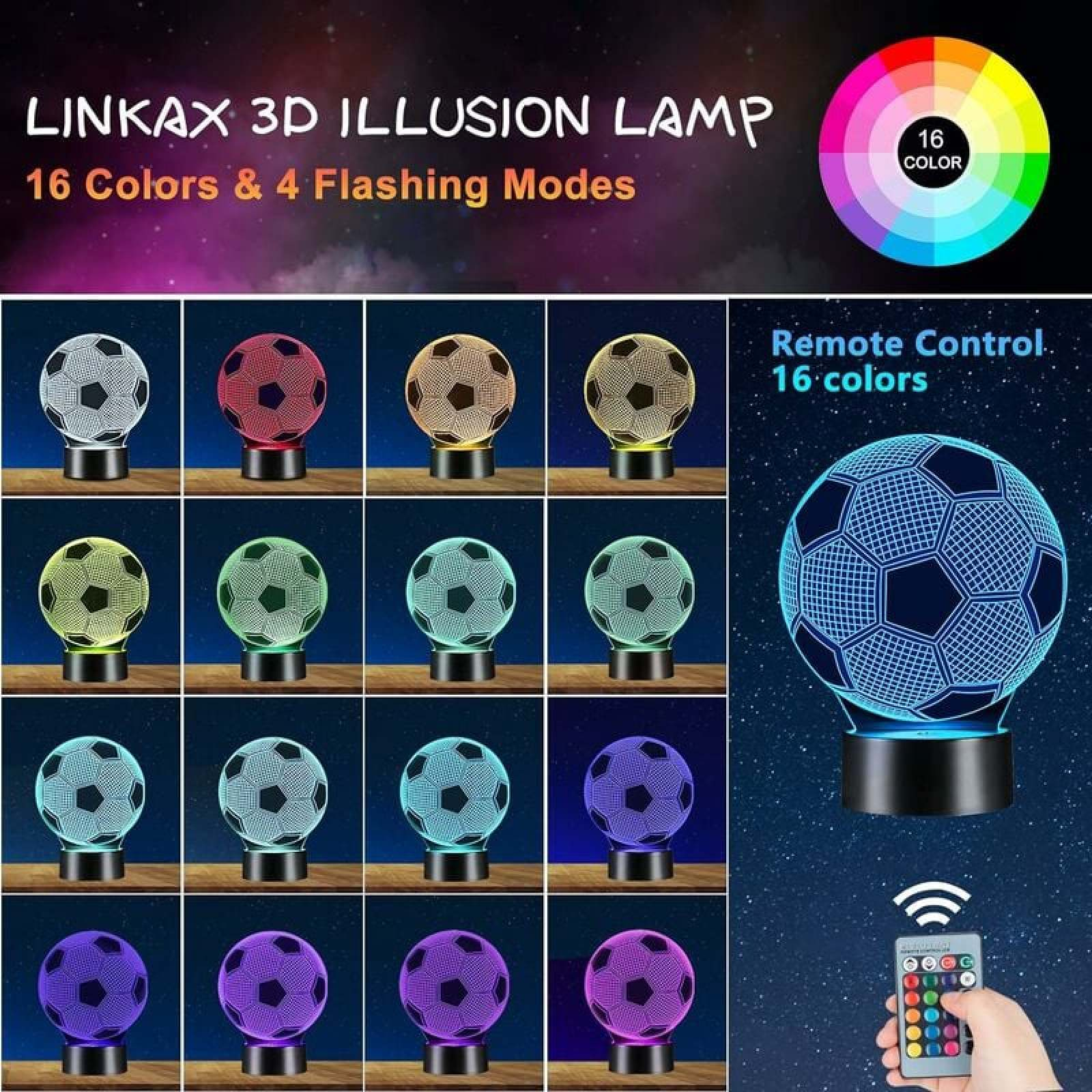 Linkax 3D-Illusionslampe mit Fußballmotiv in 16 Farben und Fernbedienung.