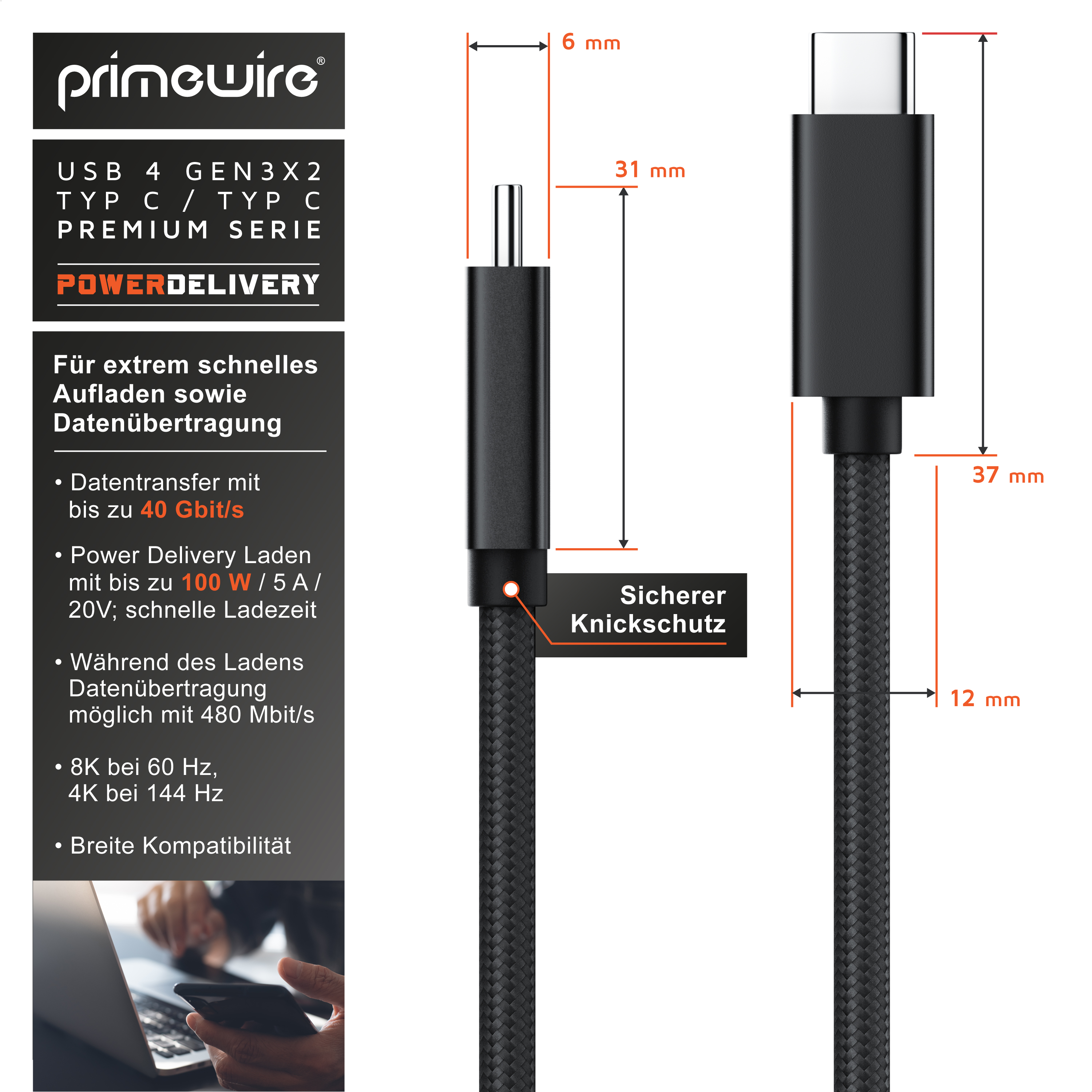 Technische Zeichnung und Produktmerkmale eines schwarzen USB-C-Kabels mit Abmessungen und Text.