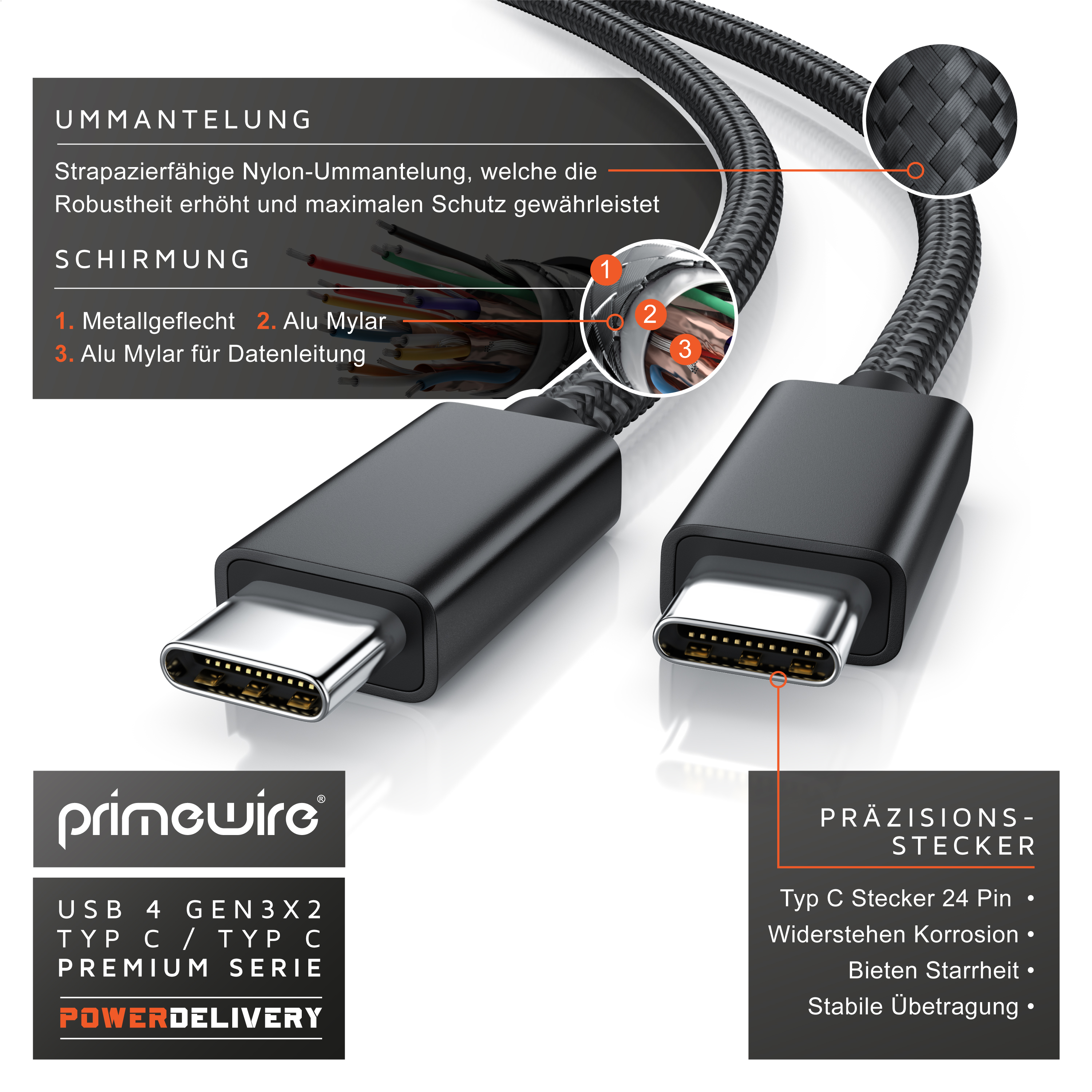 Diagramm eines schwarzen USB-C-Kabels mit Texten zu Ummantelung, Schirmung und Steckern.