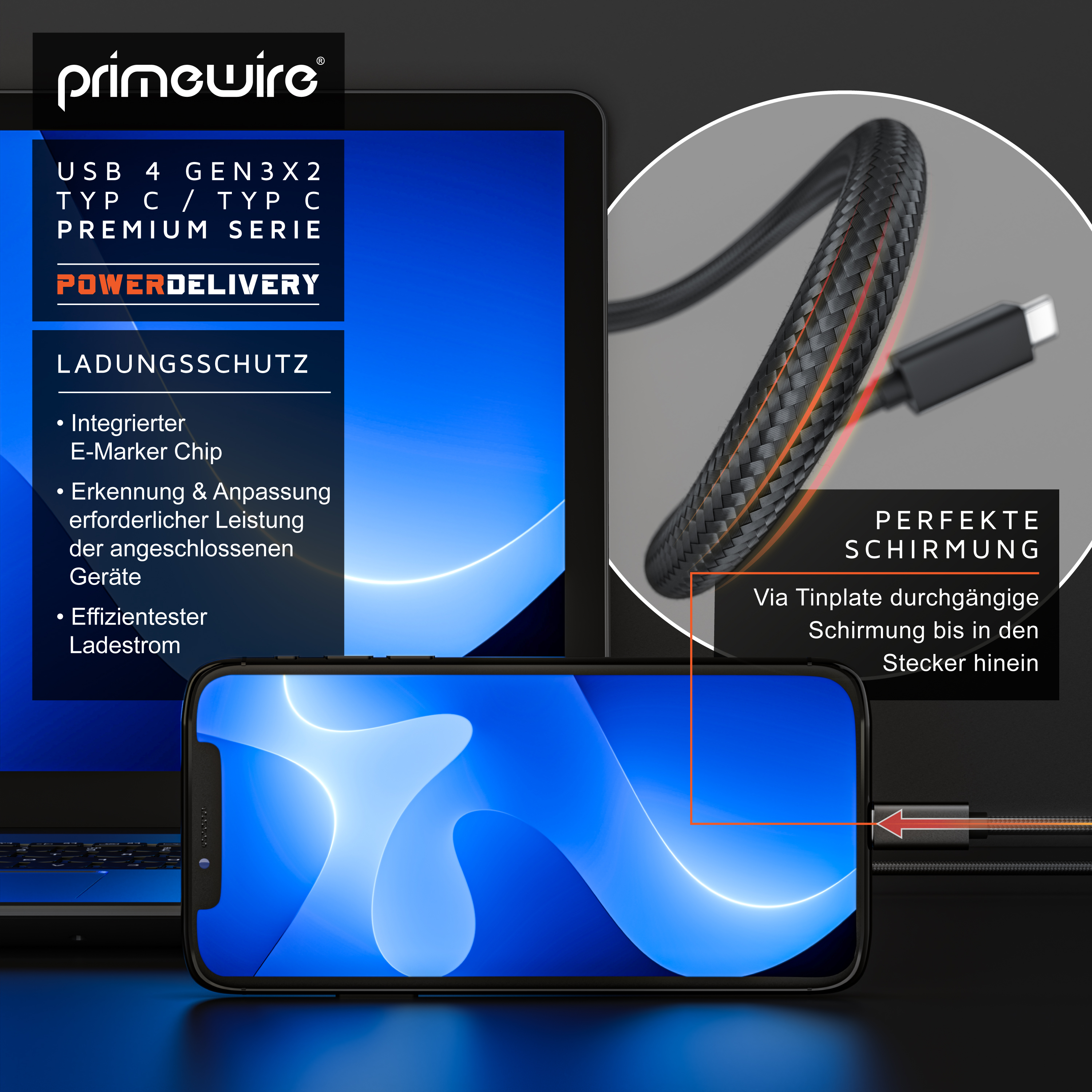 Primewire USB-C Kabel bewirbt Power Delivery und Schirmung, verbunden mit einem Smartphone und Laptop.