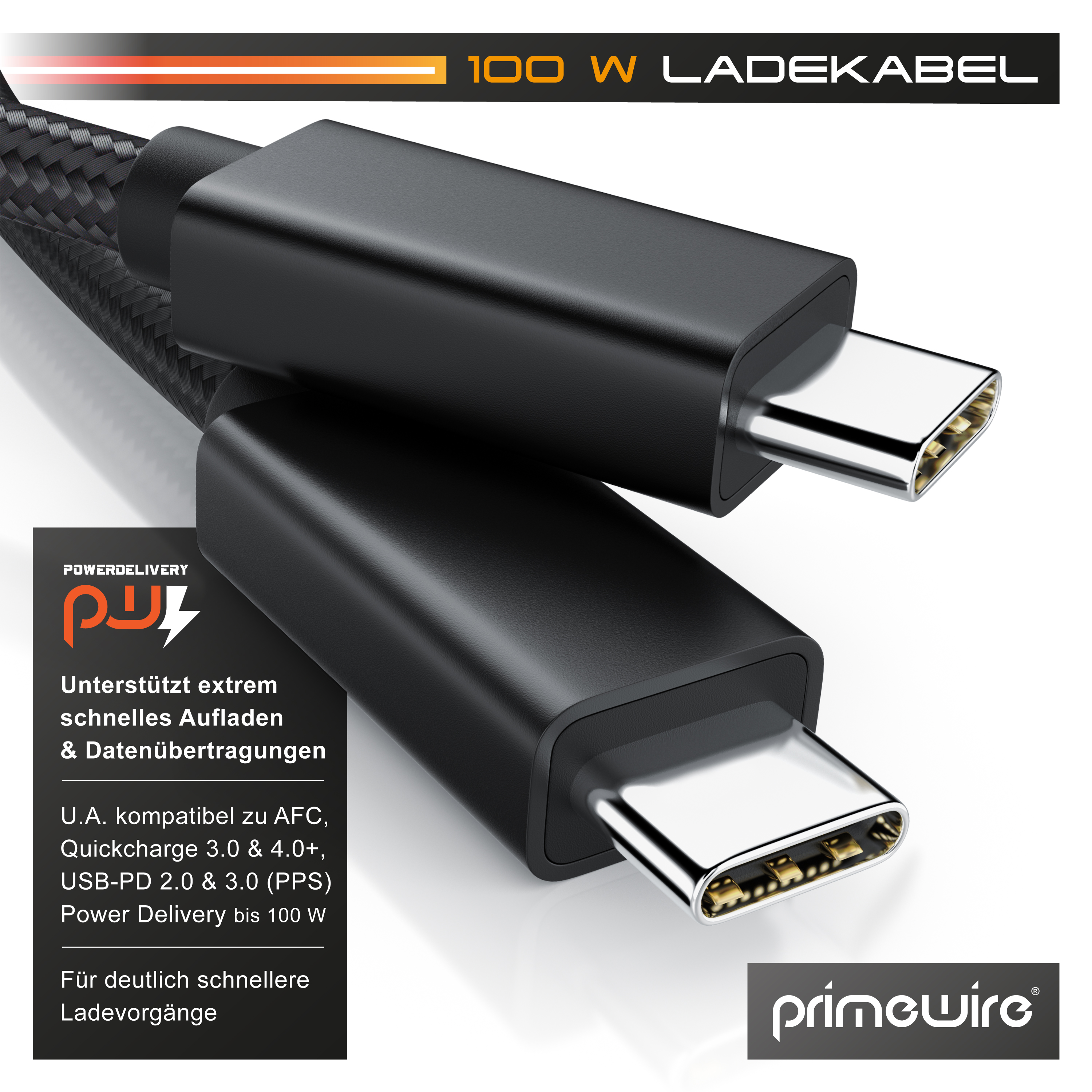Zwei schwarze USB-C Ladekabel mit metallischen Steckern und Textummantelung auf hellem Hintergrund.