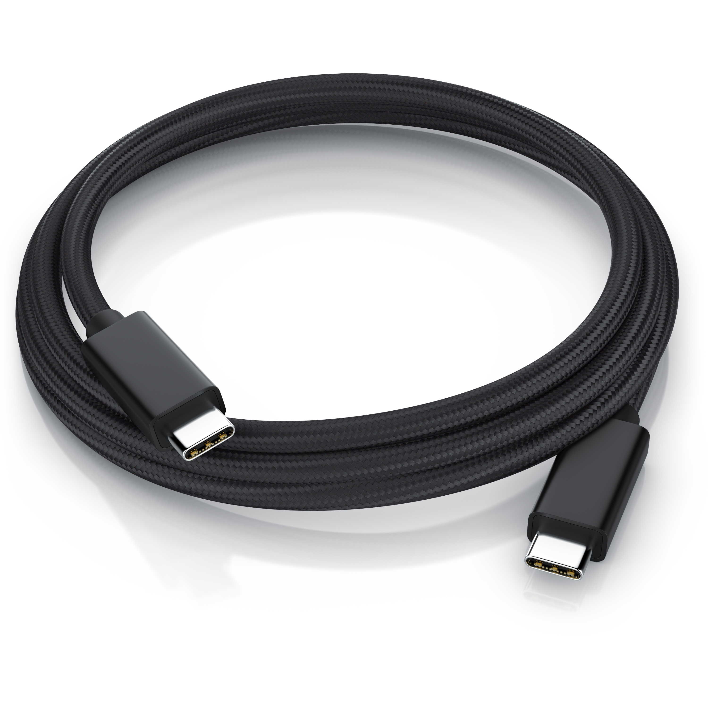 Ein gewebtes schwarzes USB-C-Kabel auf einer weißen Oberfläche.