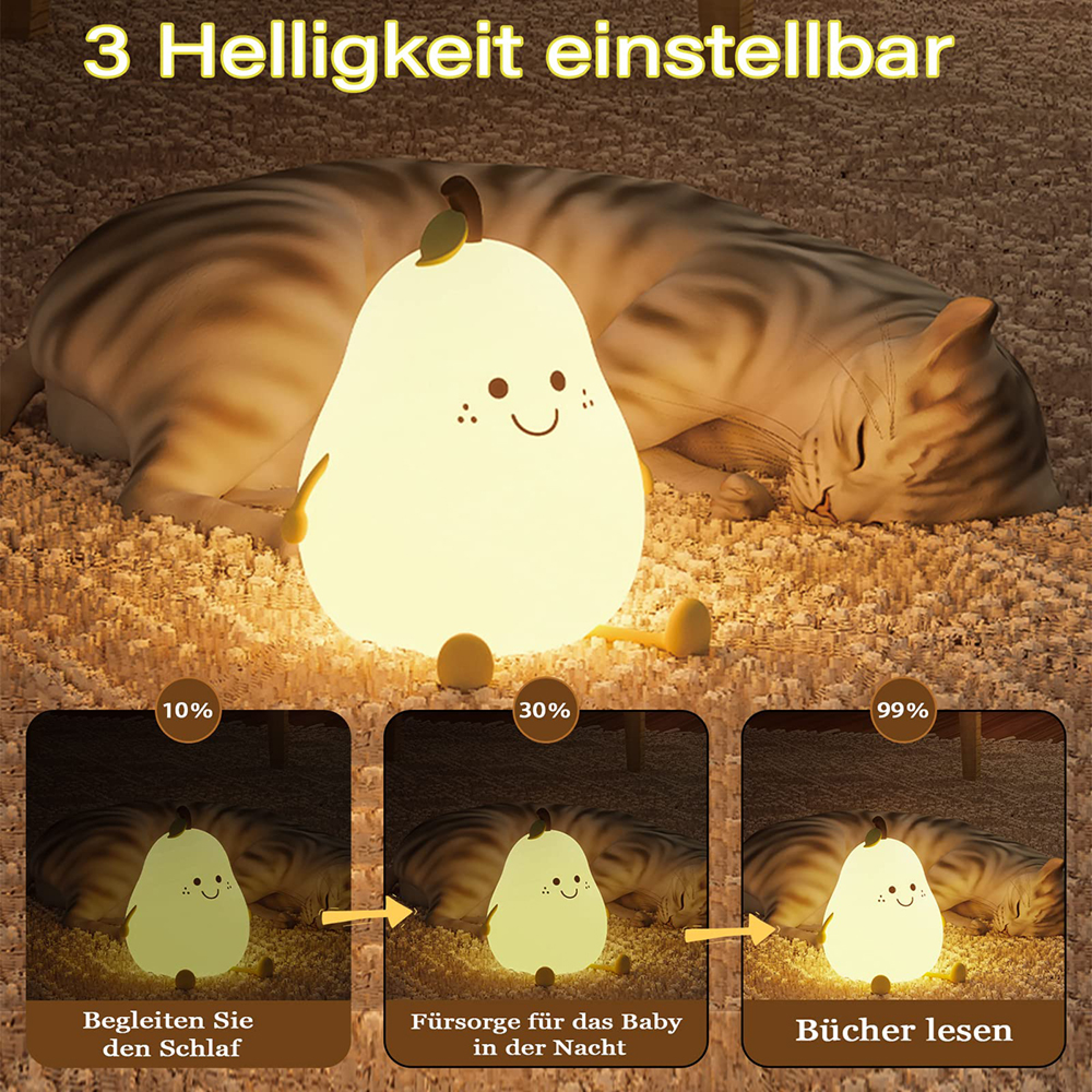 Eine Leuchte in Birnenform mit Gesicht leuchtet neben einer schlafenden Katze auf einem Teppich.