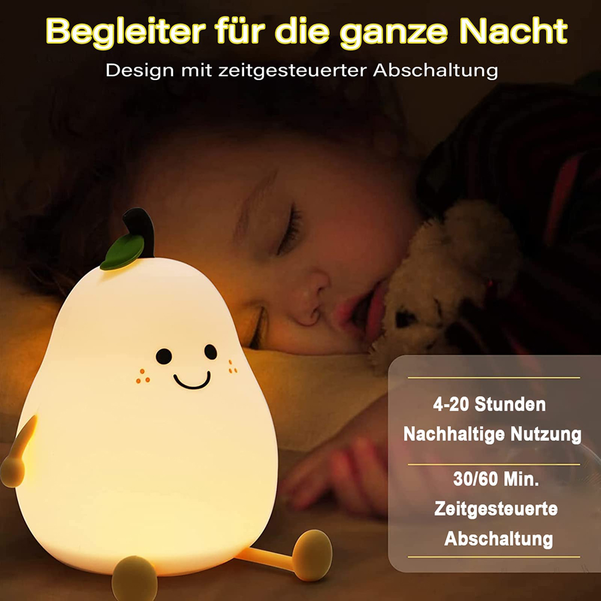 Eine Birnen-Nachtlampe leuchtet warm, während ein Kind friedlich im Bett schläft.