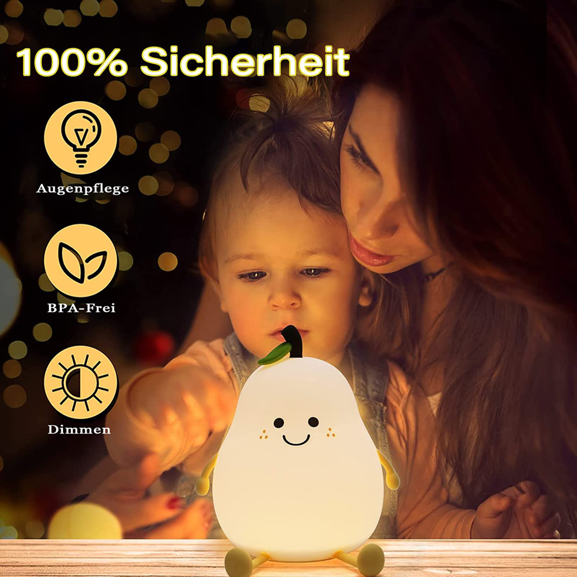 Mutter und Kind sitzen neben einer niedlichen birnenförmigen Lampe mit Text zum Produktschutz.