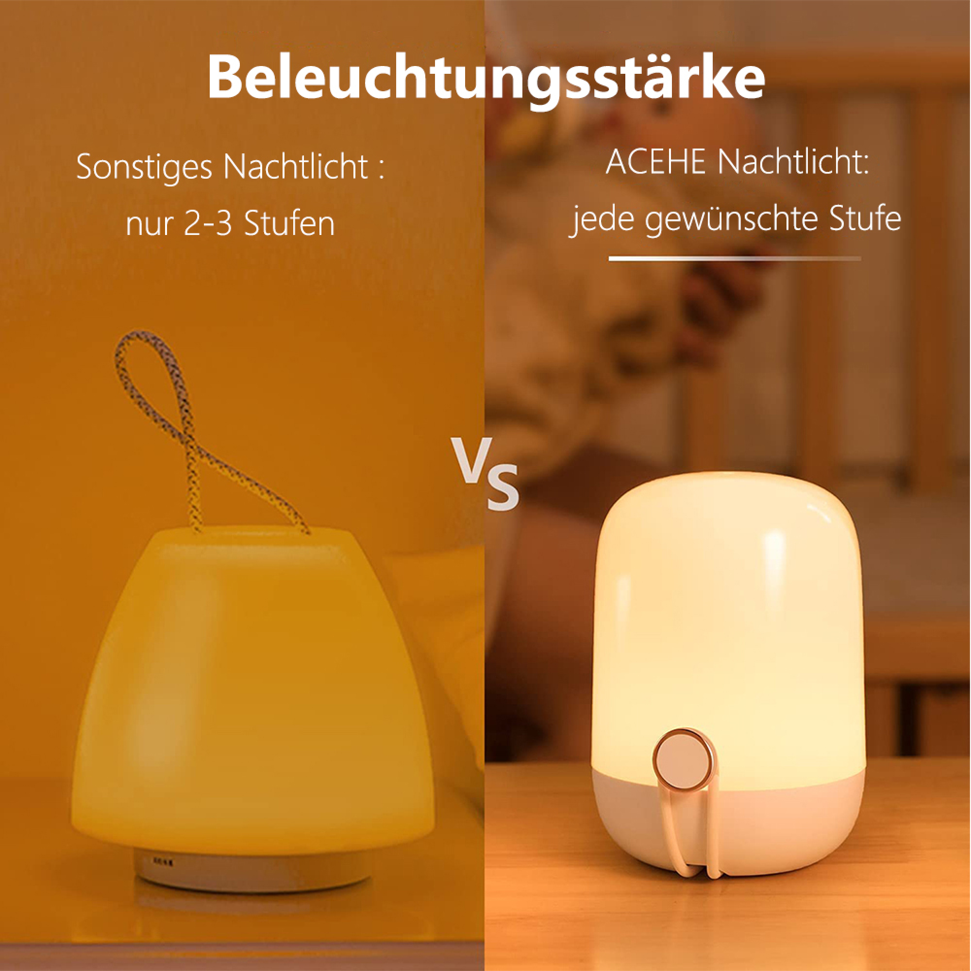Vergleich zweier Nachtlichter bezüglich der Beleuchtungsstärke, mit deutscher Beschriftung auf gelbem und Holzgrund.