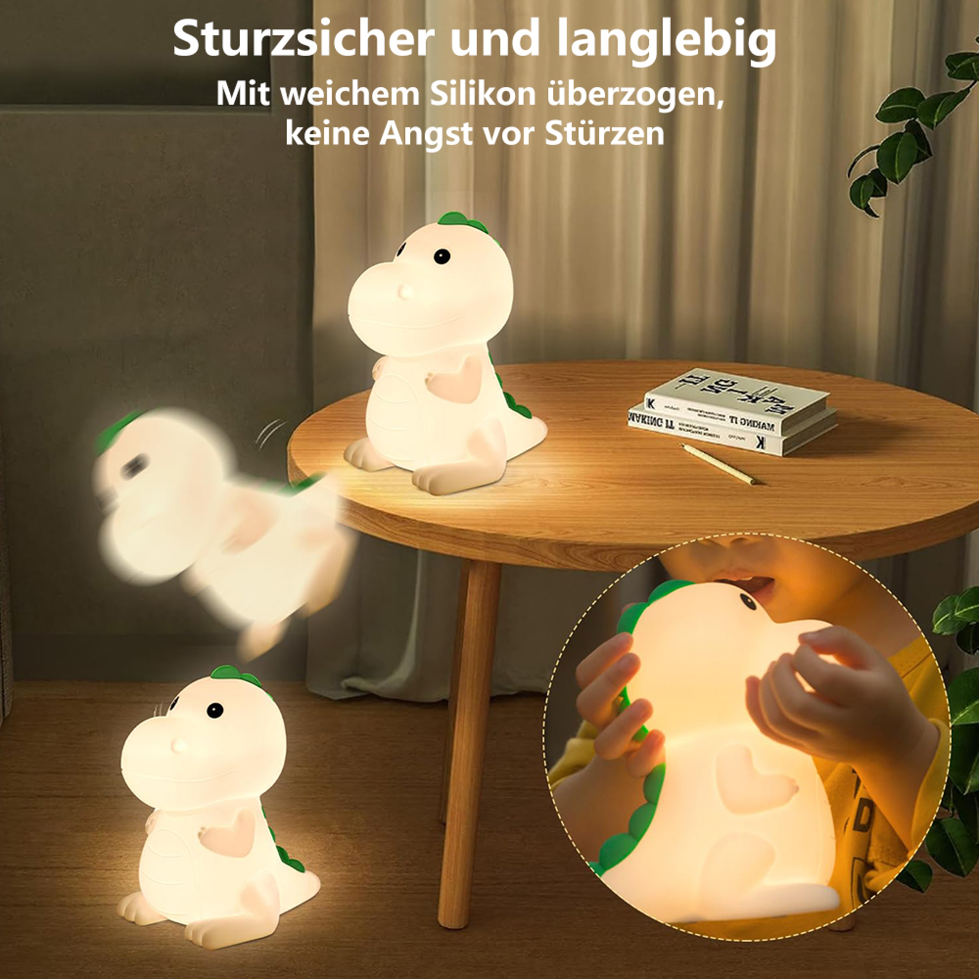 Eine weiche Dinosaurier-Nachtlampe aus Silikon fällt auf den Boden und zeigt Sturzsicherheit.
