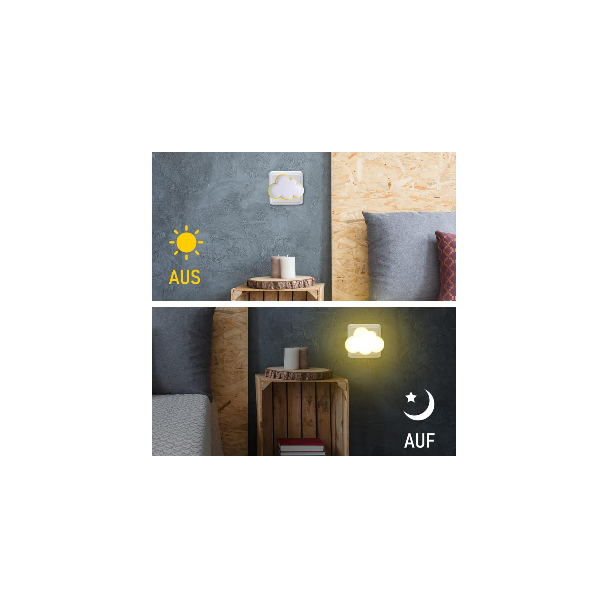 Ein wolkenförmiges Nachtlicht an der Wand, tagsüber aus und nachts leuchtend in einem Schlafzimmer.