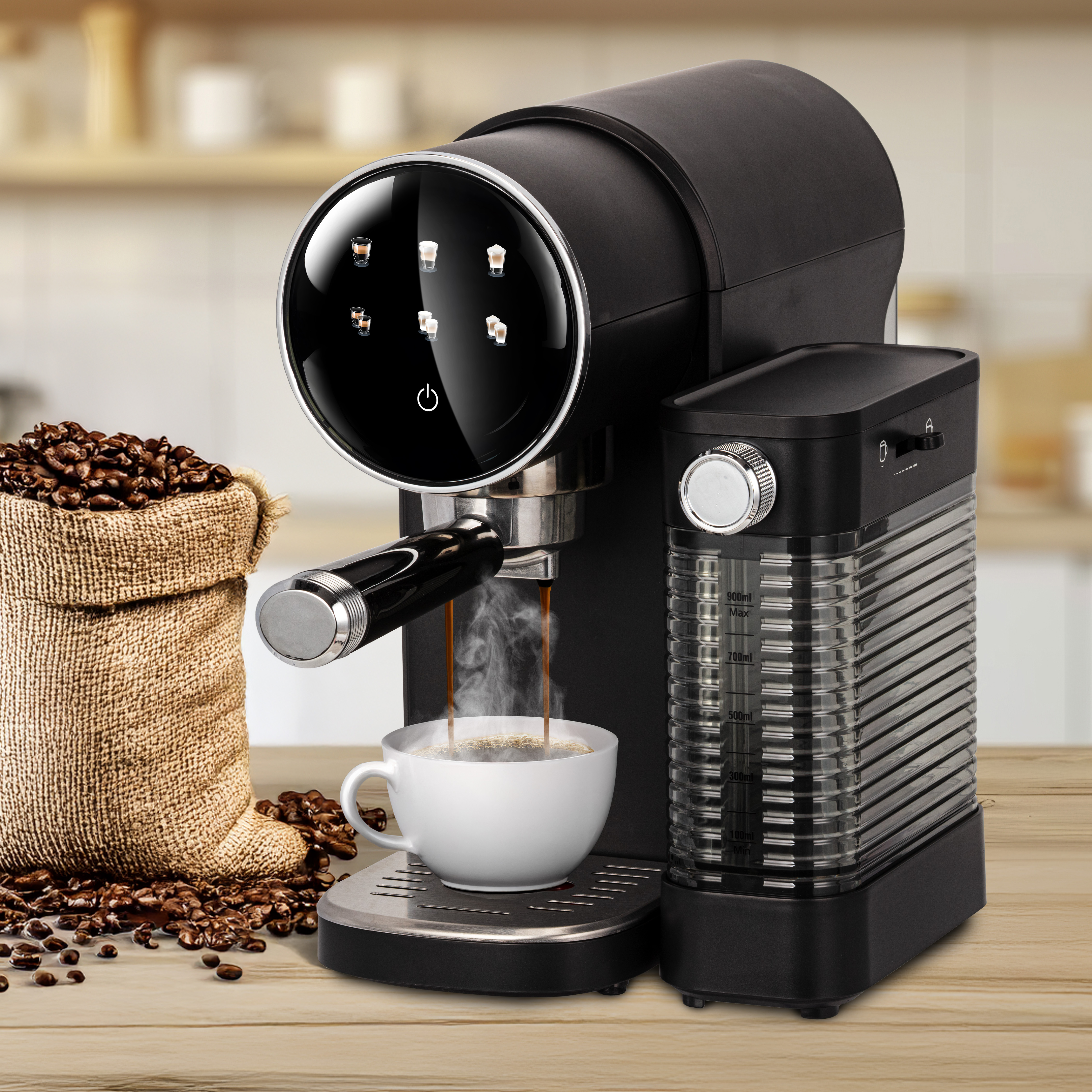 Czarny ekspres parzy espresso do białej filiżanki obok worka z ziarnami kawy.