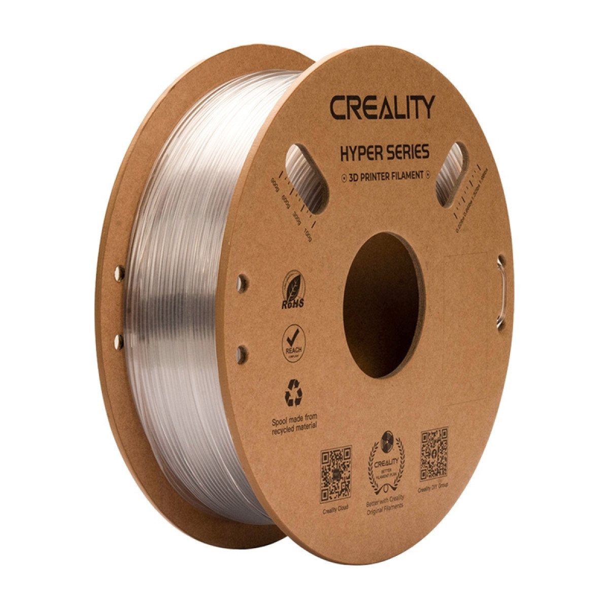 Una bobina di cartone di filamento per stampante 3D Creality Hyper Series con filamento trasparente.