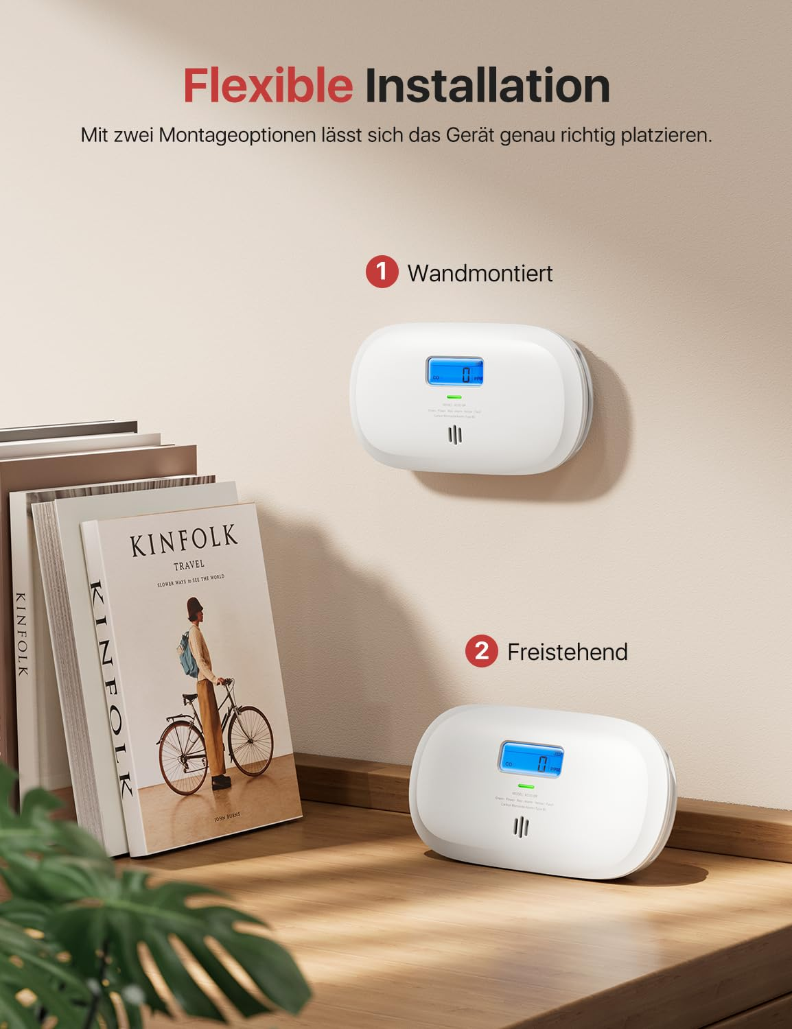 Deux détecteurs de CO blancs montrent des options d'installation murale et autoportante près de magazines Kinfolk.