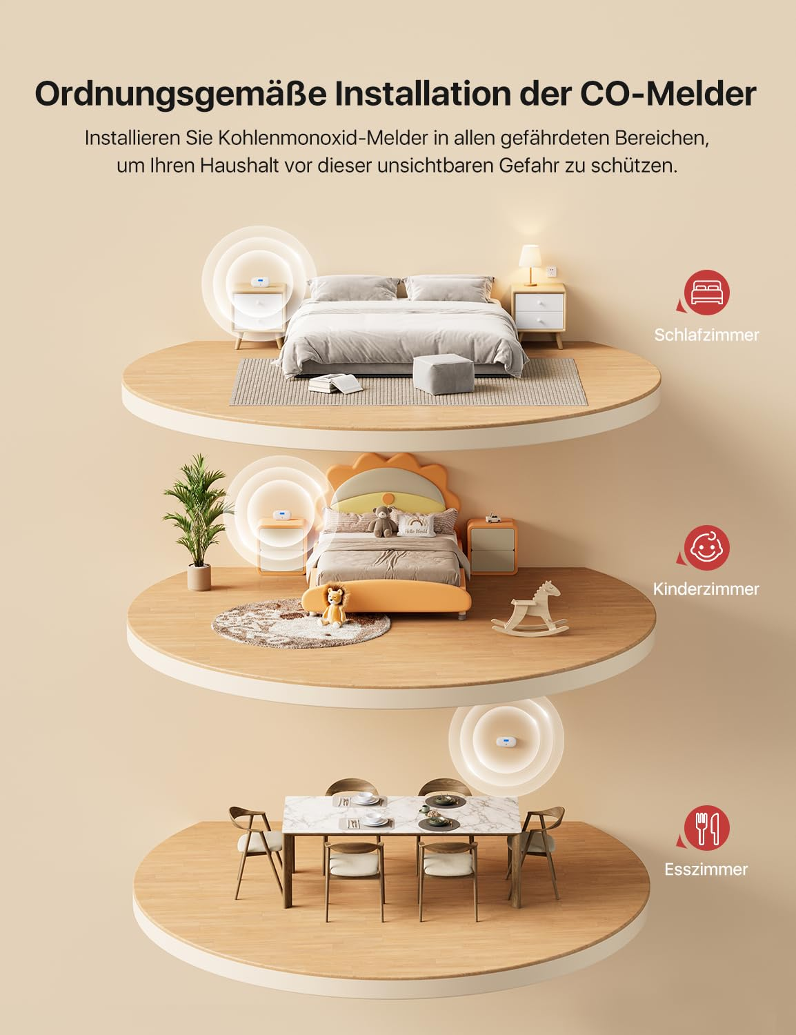 Graphique montrant des détecteurs de CO sur trois étages : chambre, chambre d'enfant et salle à manger.
