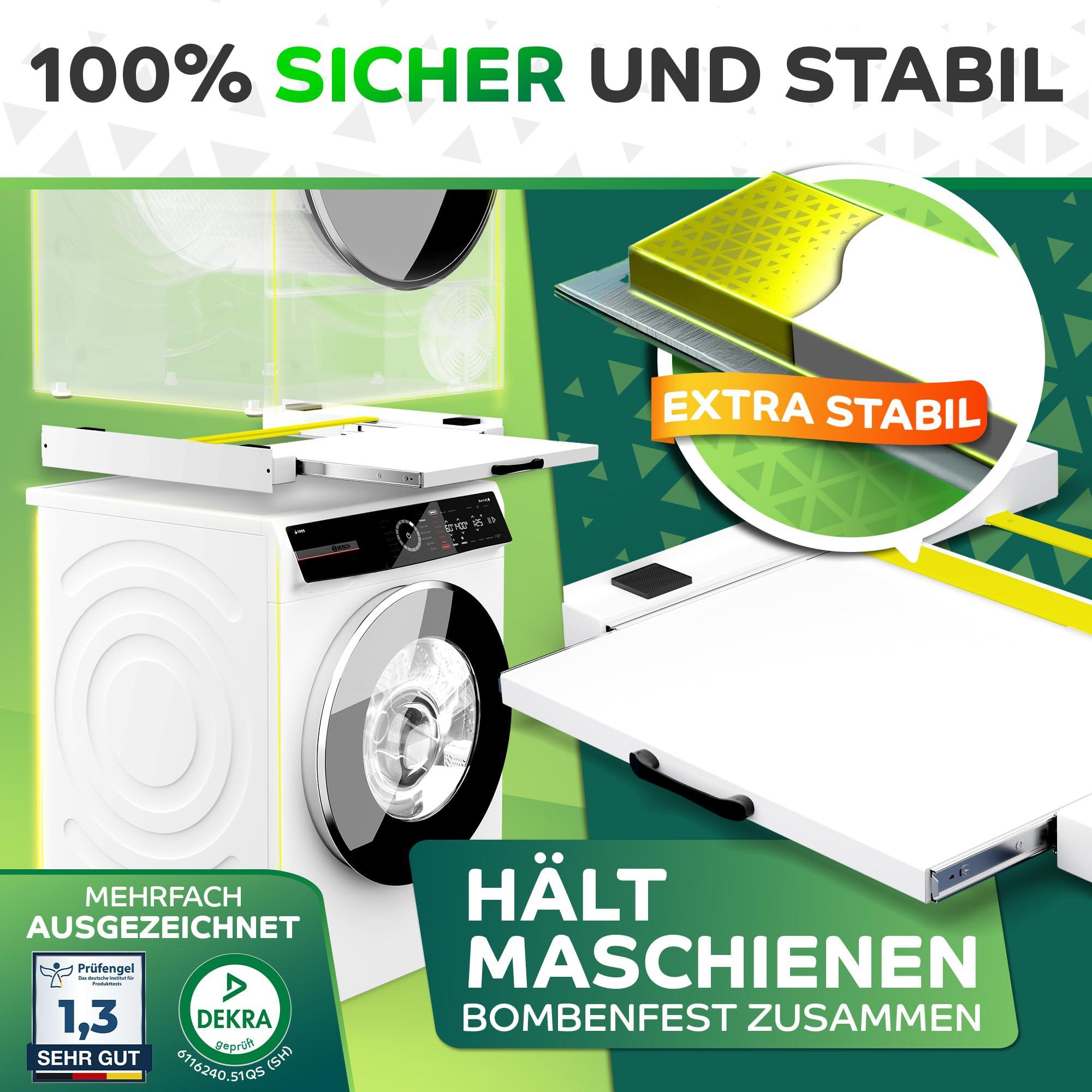 Ein Verbindungsrahmen verbindet Waschmaschine und Trockner, hervorgehoben mit Text.