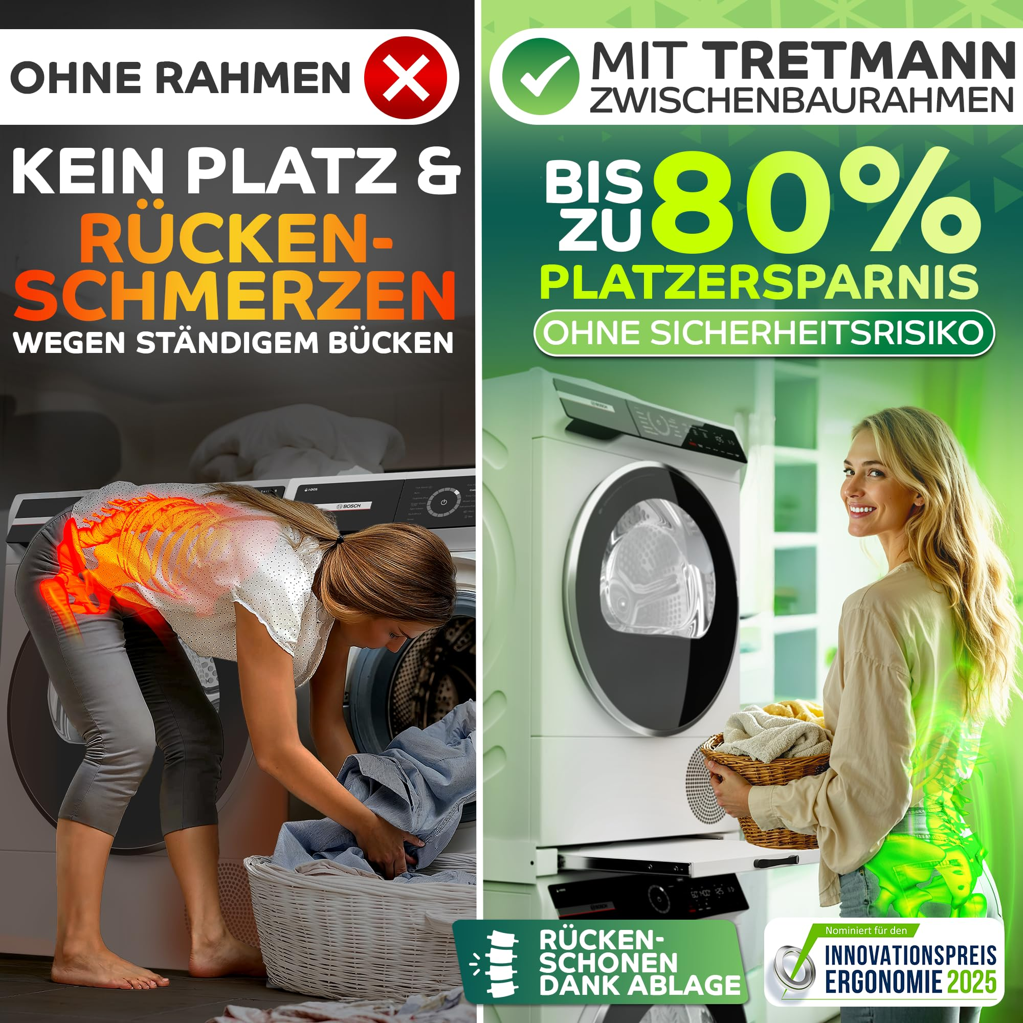 Vergleich zweier Waschmaschinennutzungen: Links Rückenschmerzen beim Bücken, rechts bequemes Laden mit Zwischenbaurahmen.