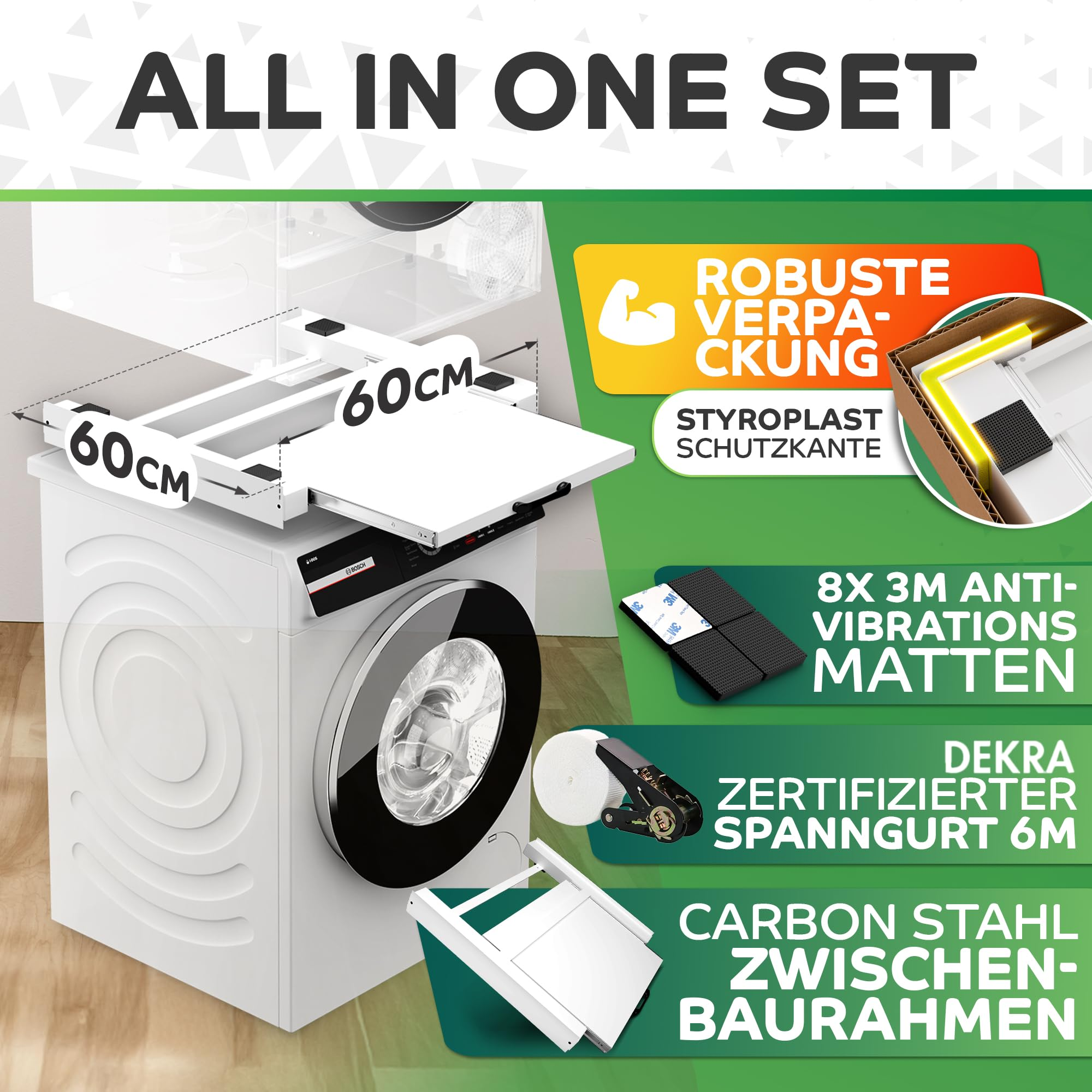 All-in-One Set mit Waschmaschine, Stapelrahmen, Antivibrationsmatten und 6m Spanngurt.