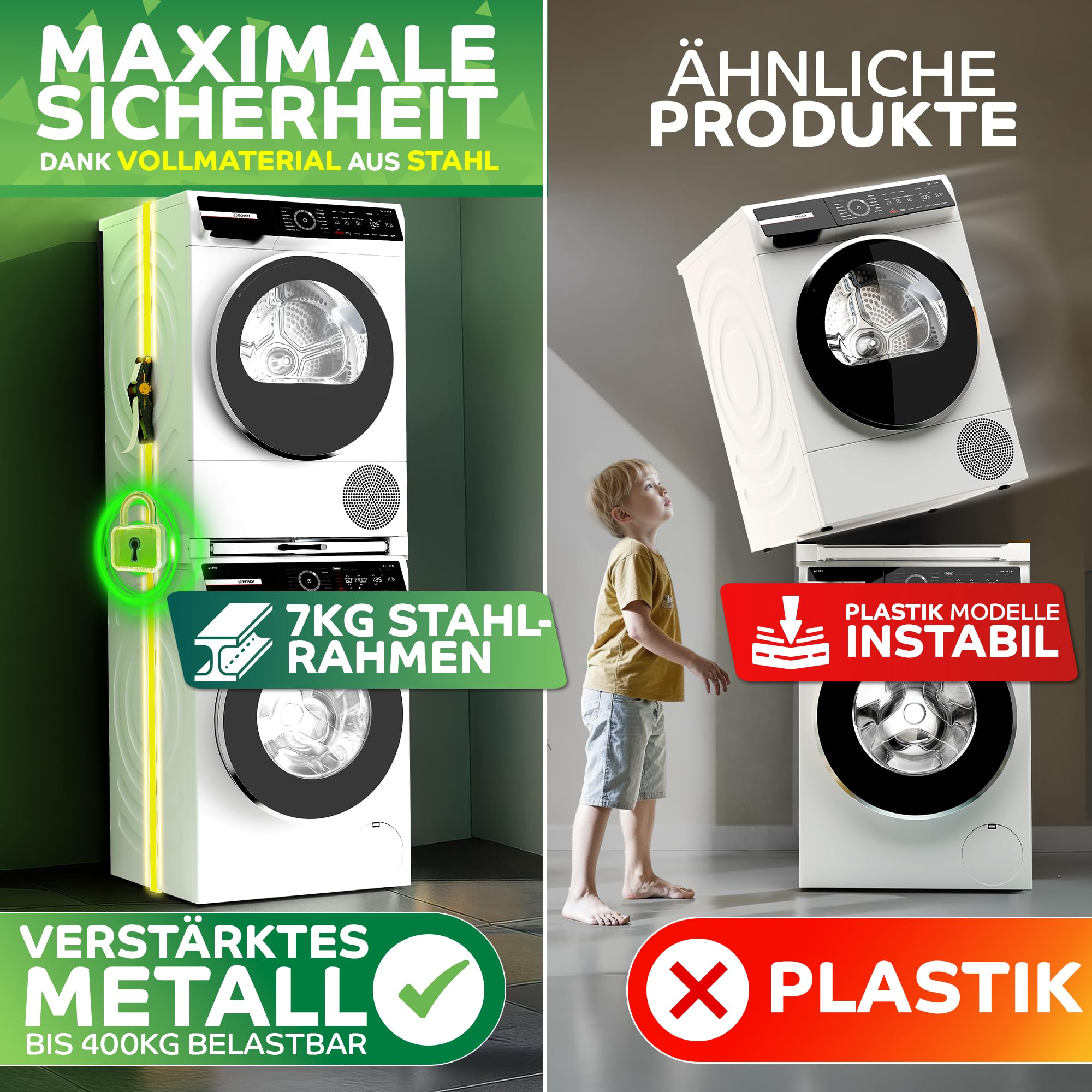 Vergleich von stabilen Metall-Waschtürmen und instabilen Plastikmodellen.