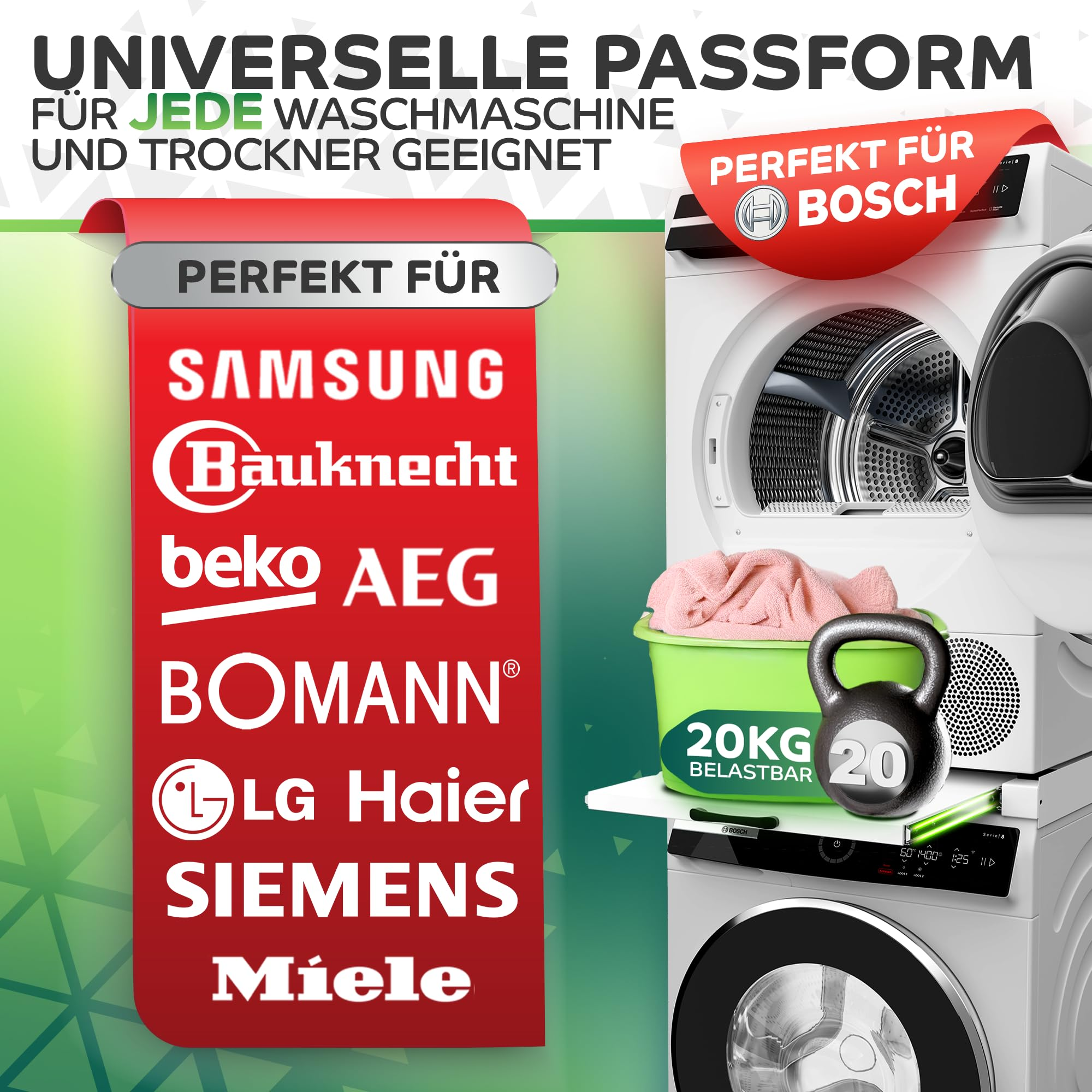 Stapelbare Waschmaschine und Trockner mit Brandschildern und einem 20-kg-Gewicht.