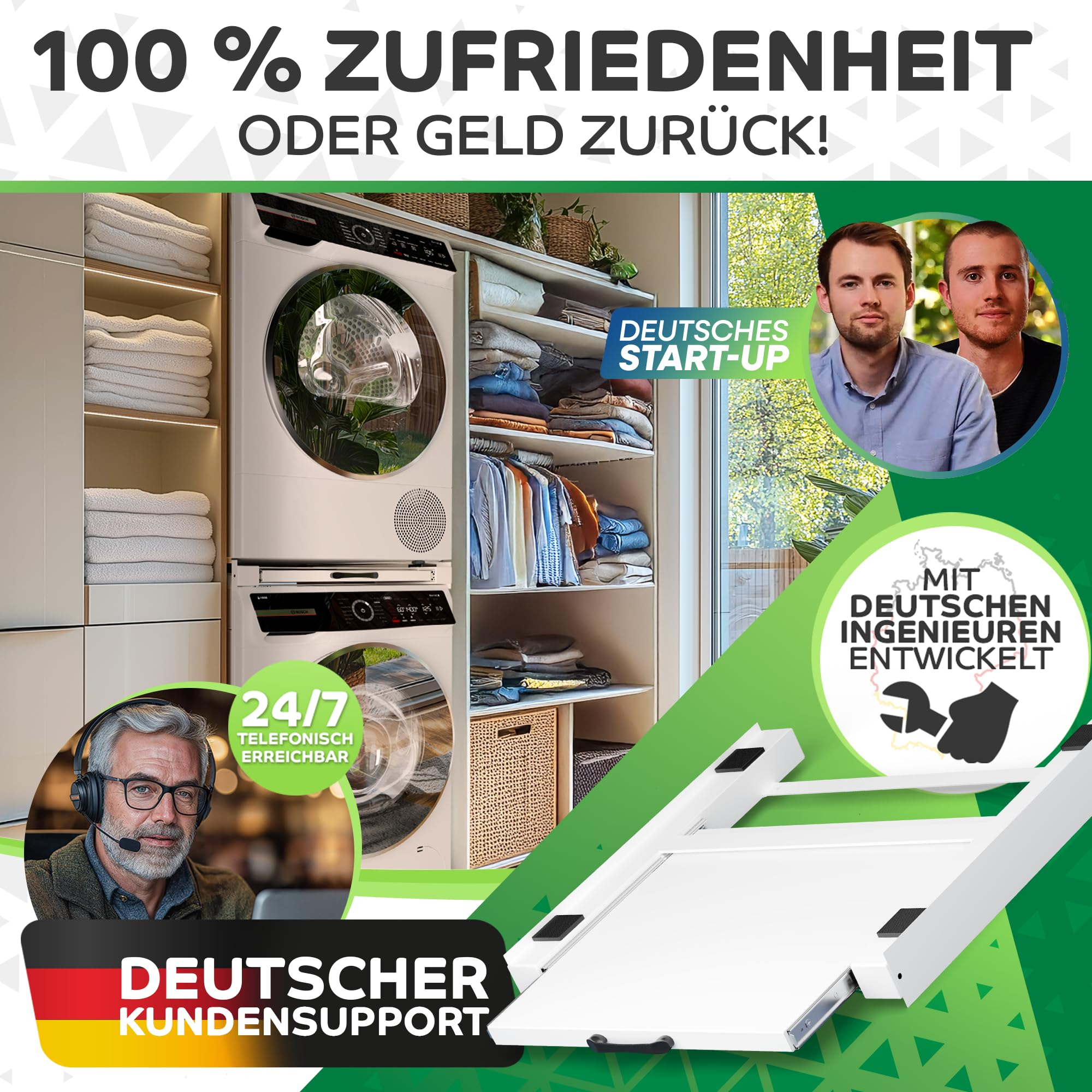 Werbebild mit Waschmaschine, Trockner, Kleiderschrank, Kundensupport und Start-up-Gründern.