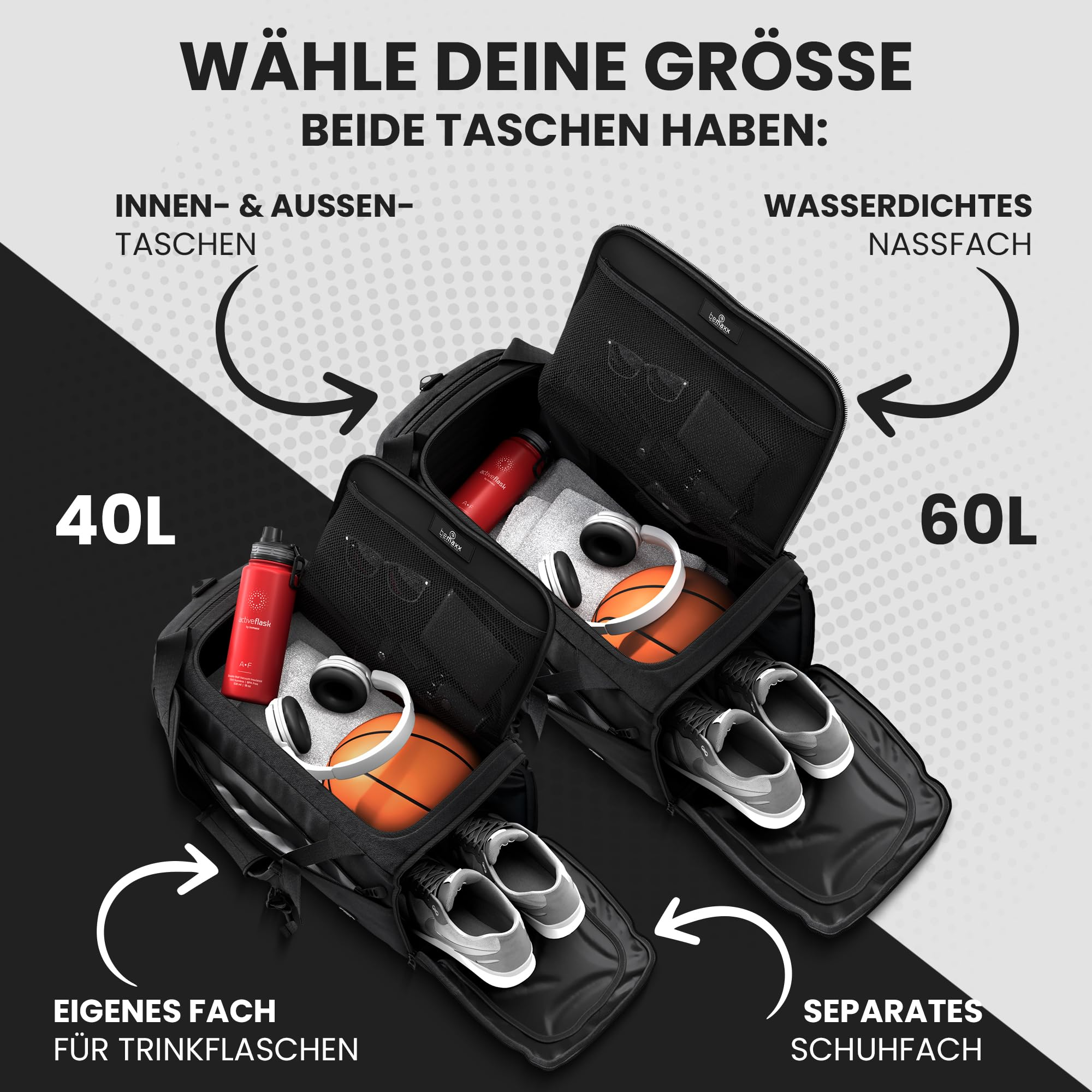 Zwei schwarze Sporttaschen in 40L und 60L mit gepacktem Inhalt, Wasserflasche, Kopfhörern, Basketball und Schuhen.