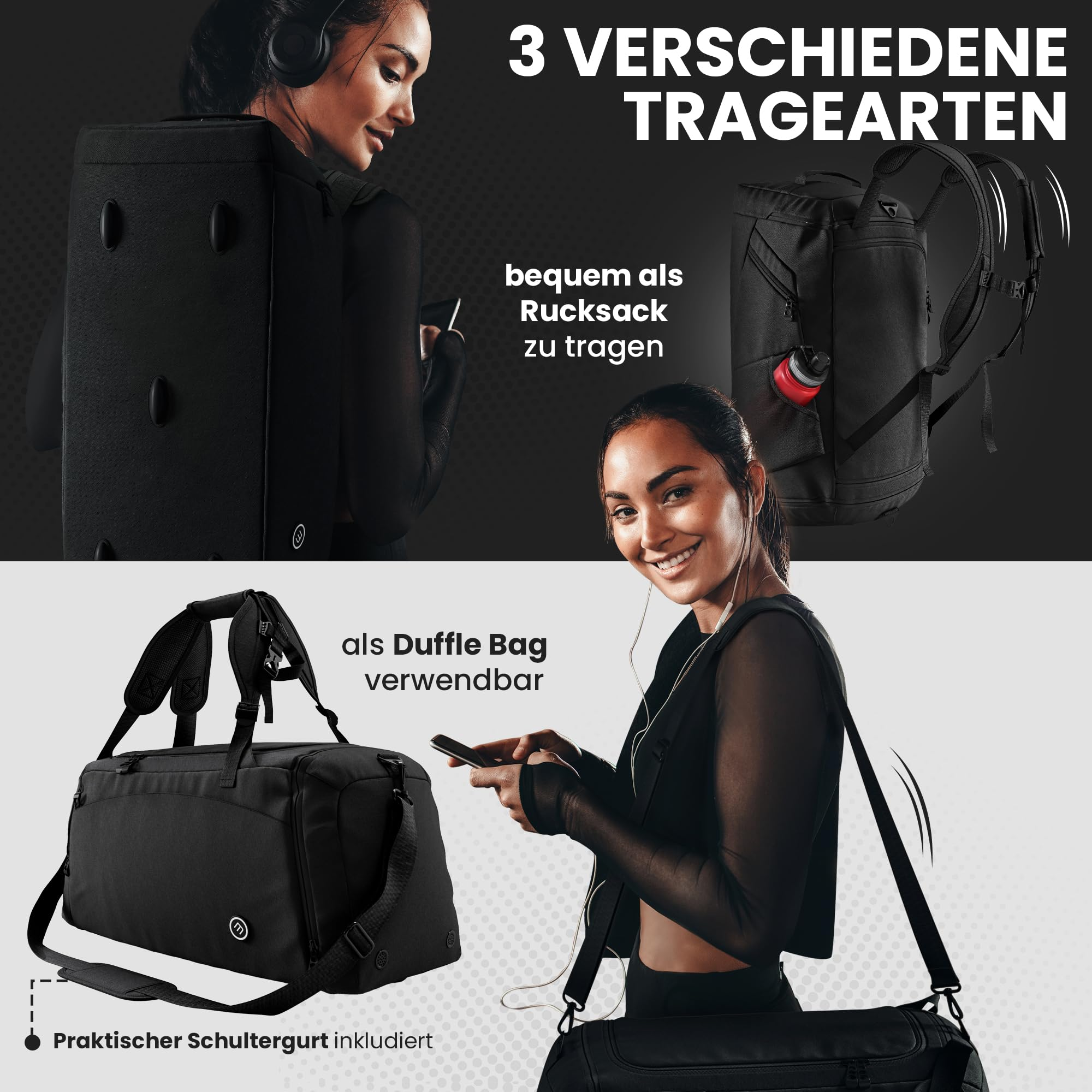 Frau präsentiert eine vielseitige schwarze Tasche, die als Rucksack und Duffle Bag tragbar ist.