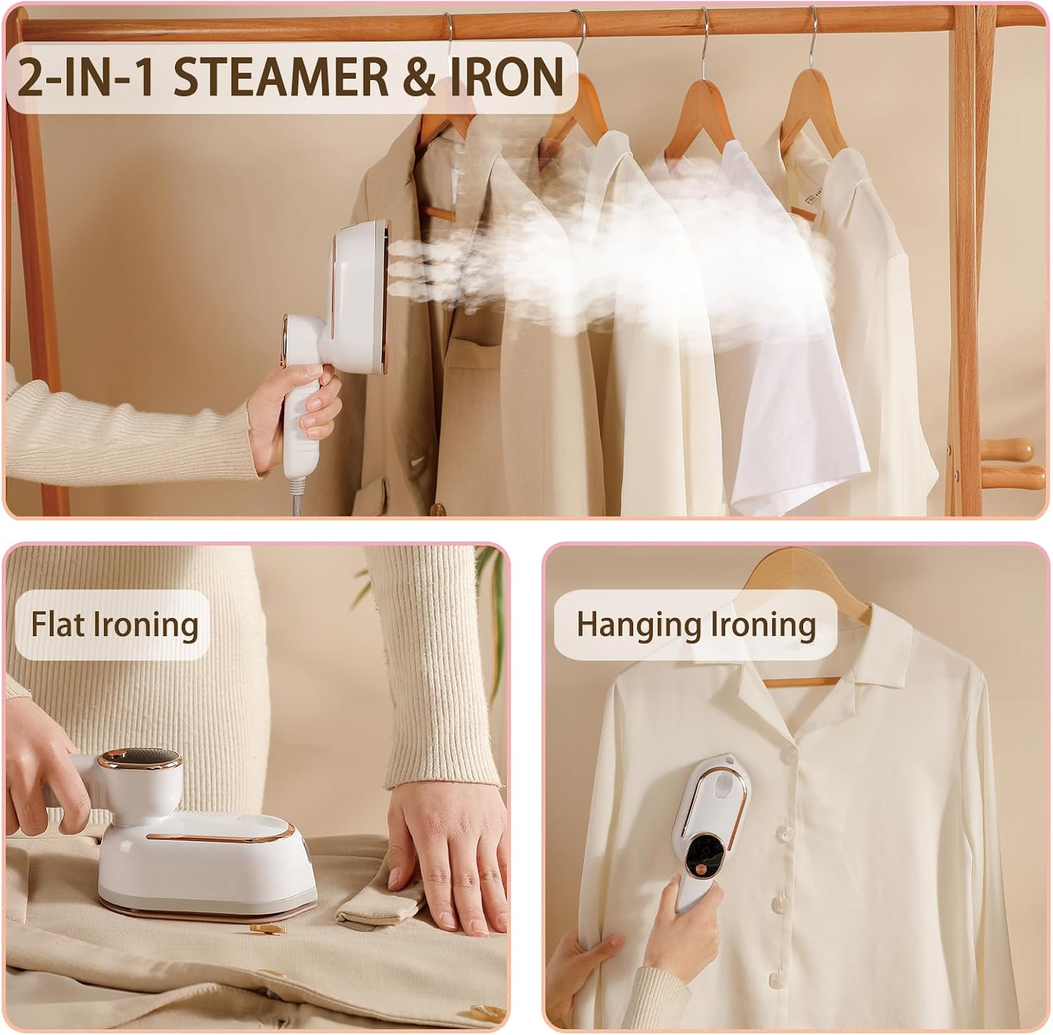 Ein 2-in-1 Dampfgarer und Bügeleisen wird zum flachen Bügeln und Aufhängen von Kleidung verwendet.