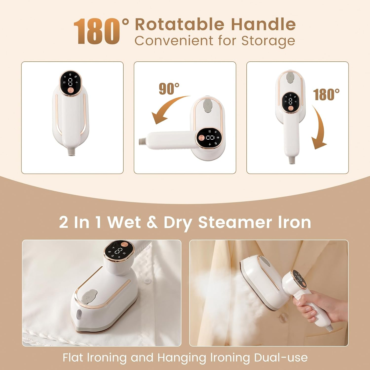 Ein weiß-goldener 2-in-1 Dampfbügeleisen mit 180° drehbarem Griff für nasses und trockenes Bügeln.