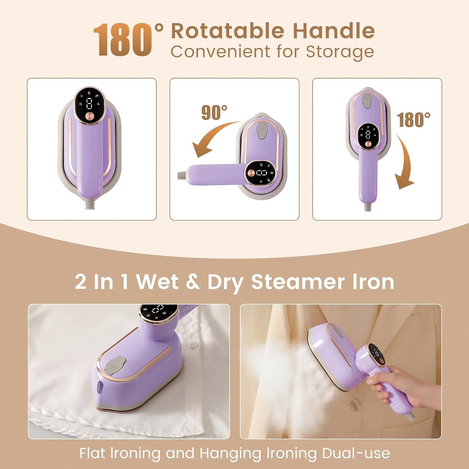 Violettes 2-in-1 Dampfbügeleisen mit 180° rotierbarem Griff für flaches und hängendes Bügeln.