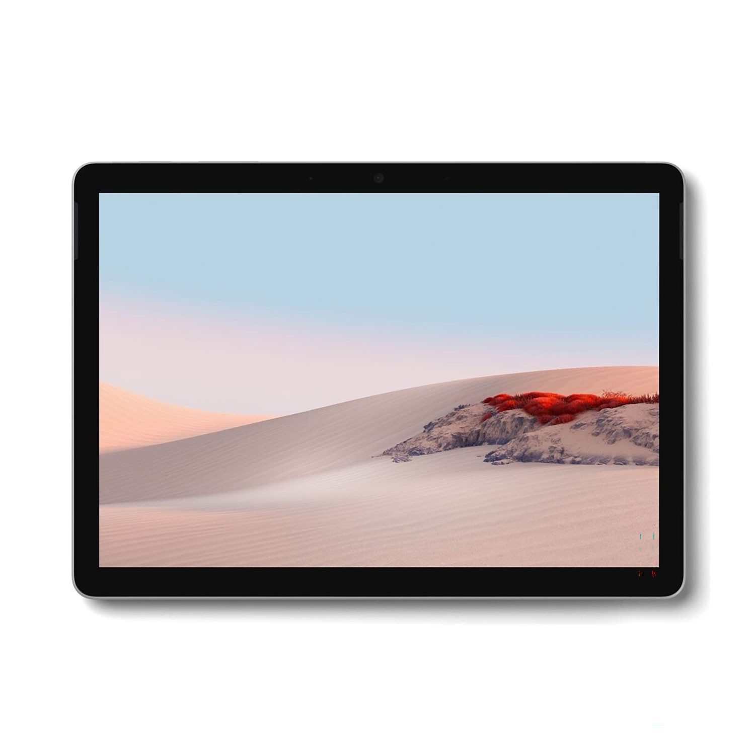 Ein Tablet mit einem Hintergrundbild einer sandigen Wüstenlandschaft und roten Pflanzen auf Felsen.