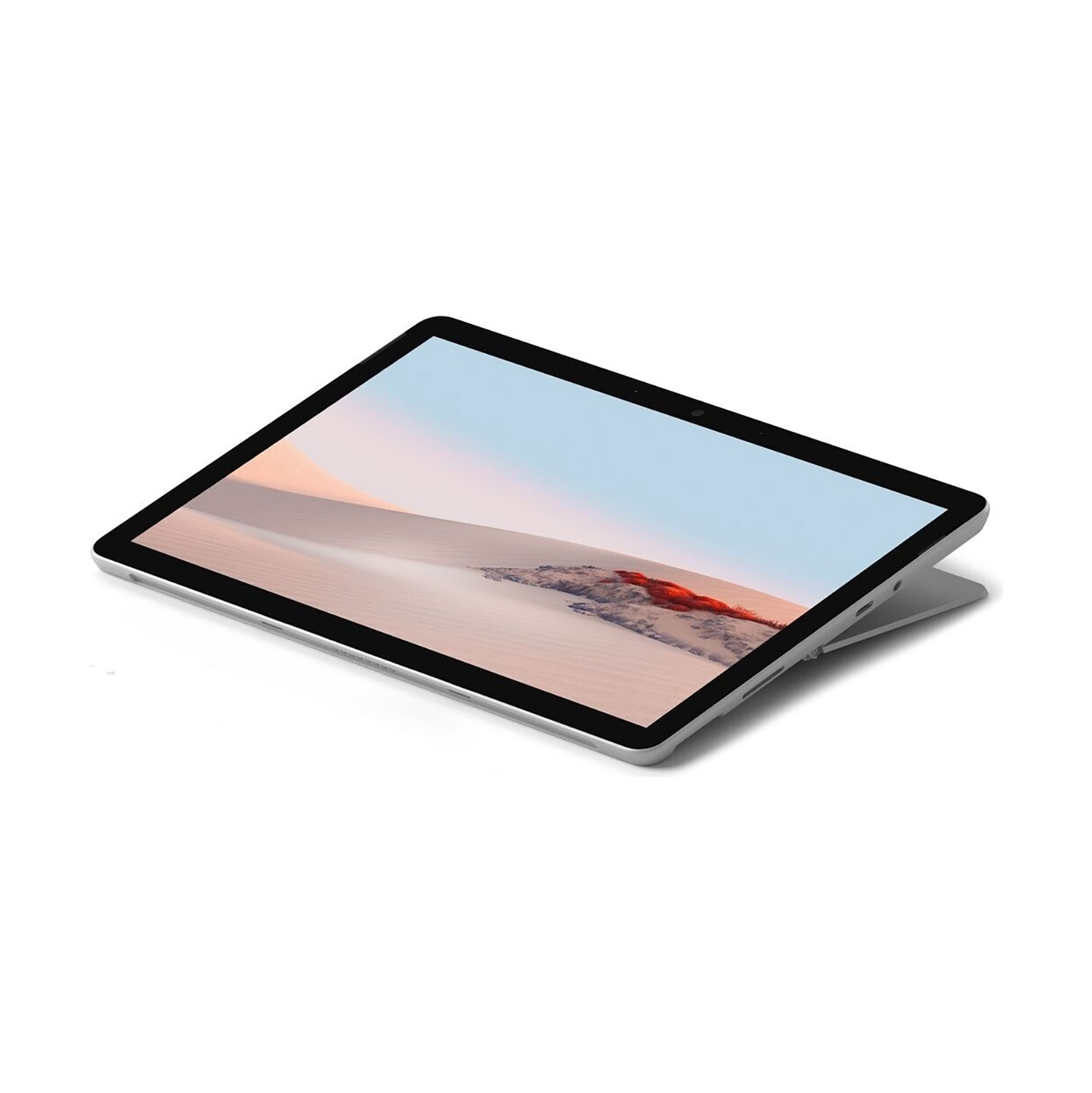 Ein silbernes Tablet auf einer weißen Oberfläche mit einer Wüstenlandschaft als Hintergrundbild.