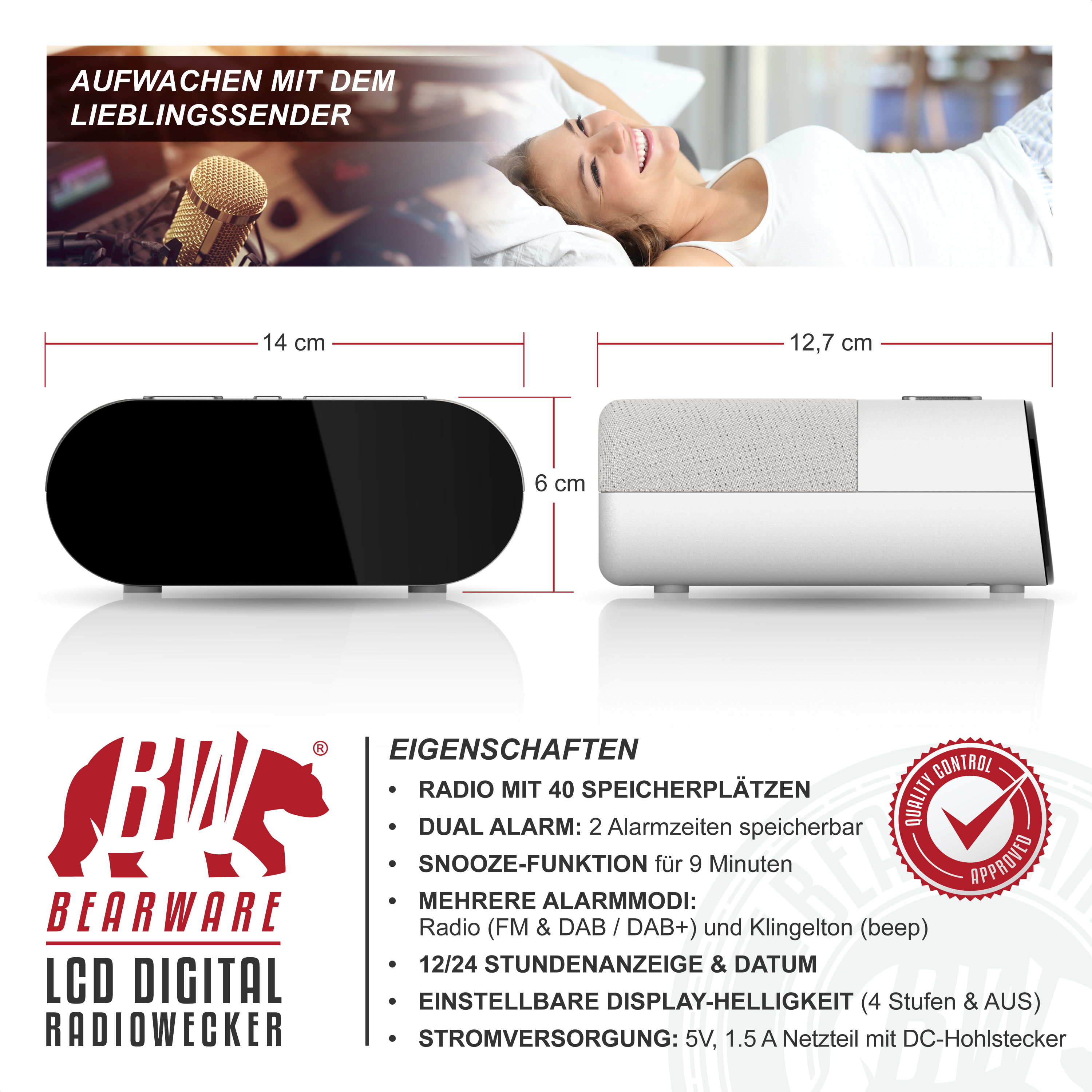 Produktwerbung für den Bearware LCD Digital Radiowecker mit Maßen, Funktionen und Bild einer schlafenden Frau.