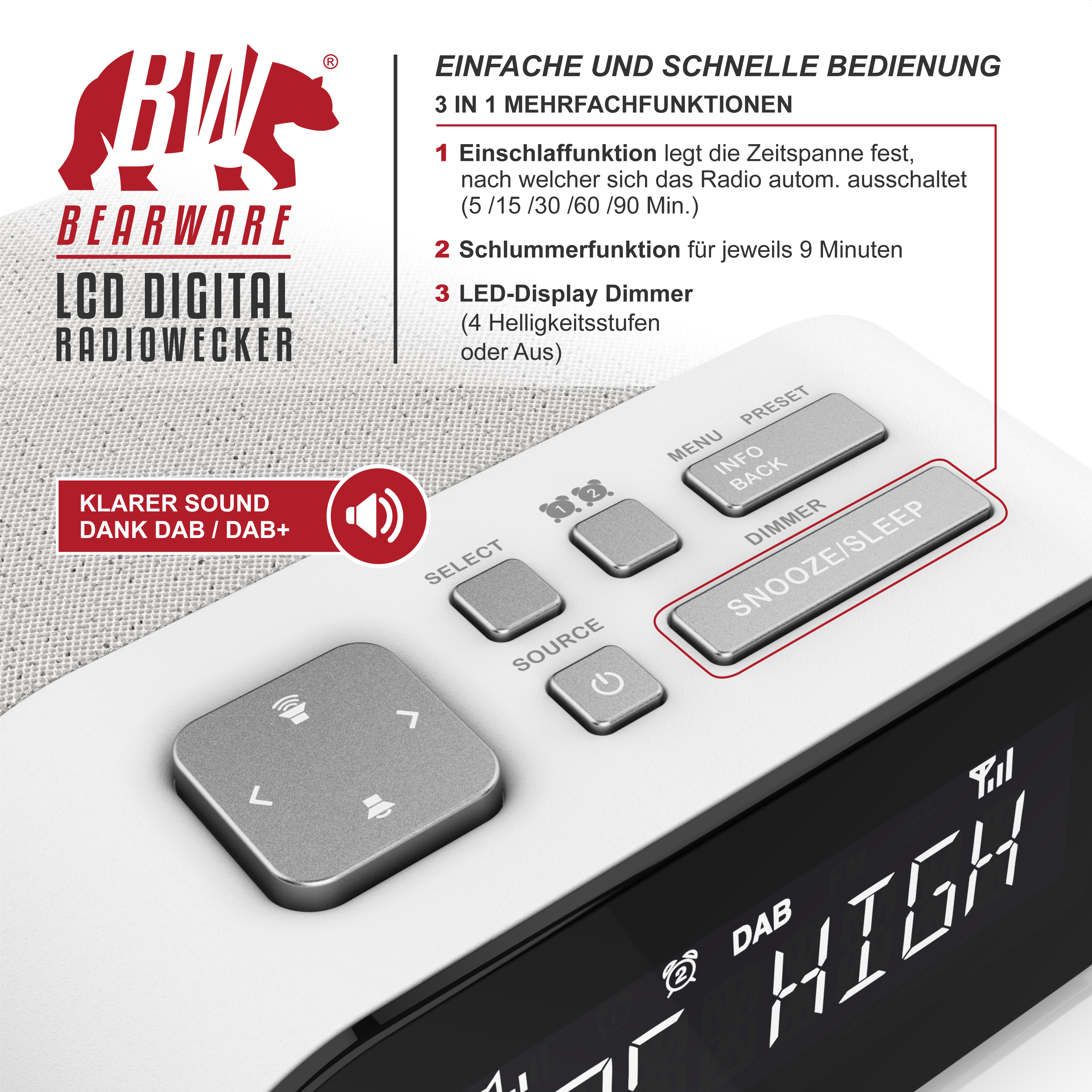 Bearware LCD-Digital-Radiowecker mit Tasten und Display, Infografik zeigt Funktionen auf Deutsch.